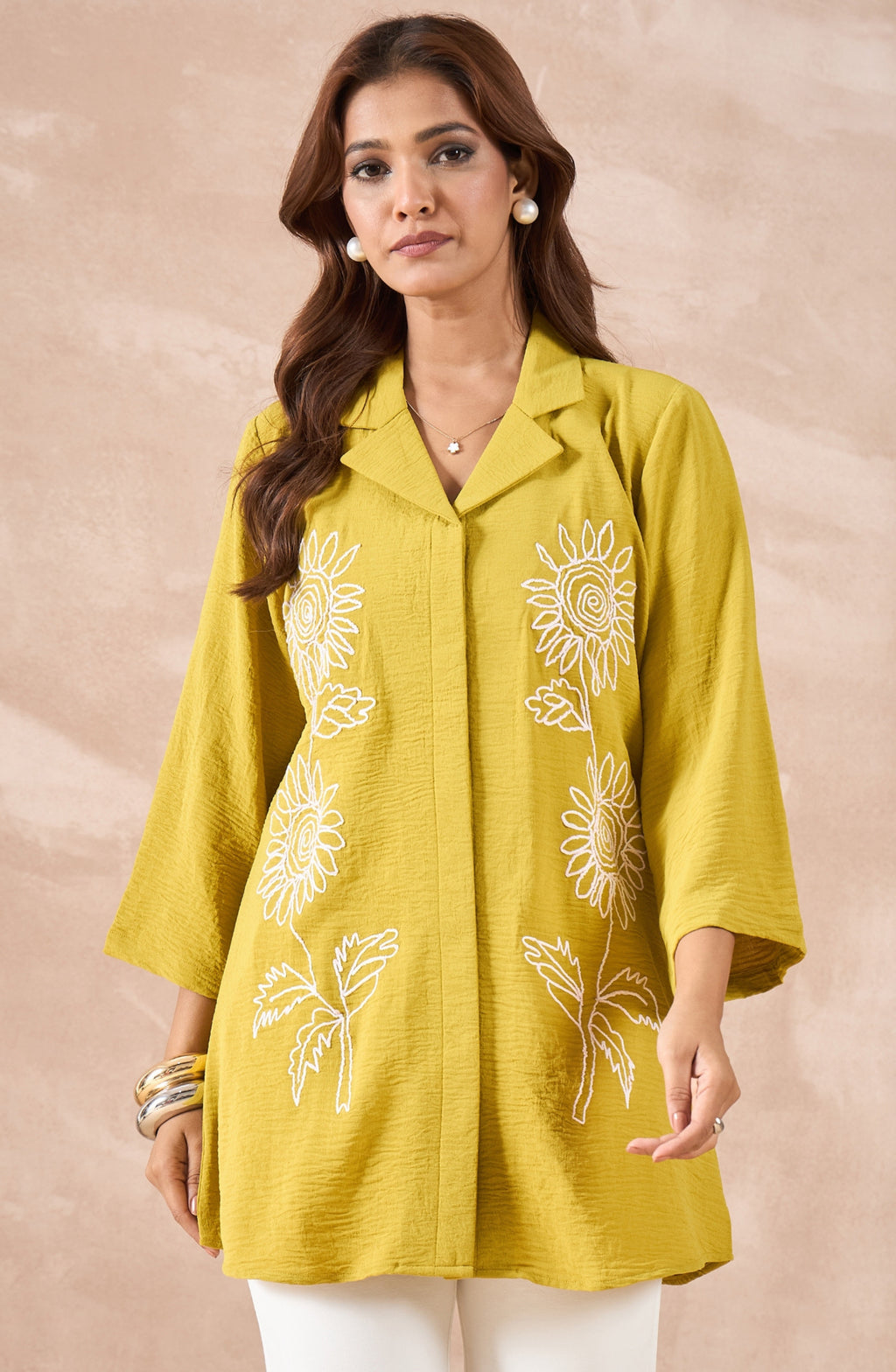 Mustard Yellow Longline Shirt with Sunflower Embroidery
