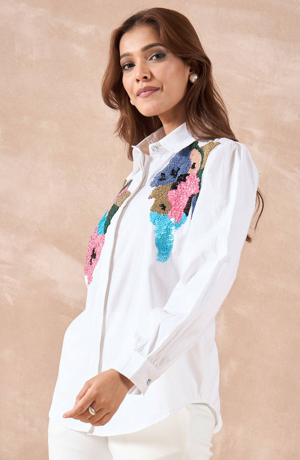 White Shirt with Multicolour Sequin Applique