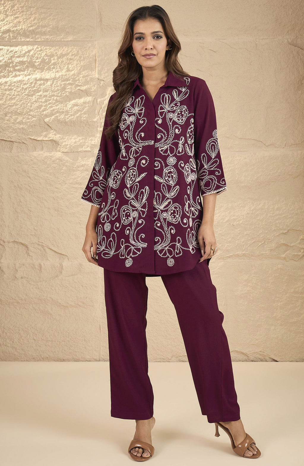 Maroon Floral Embroidered Co-Ord