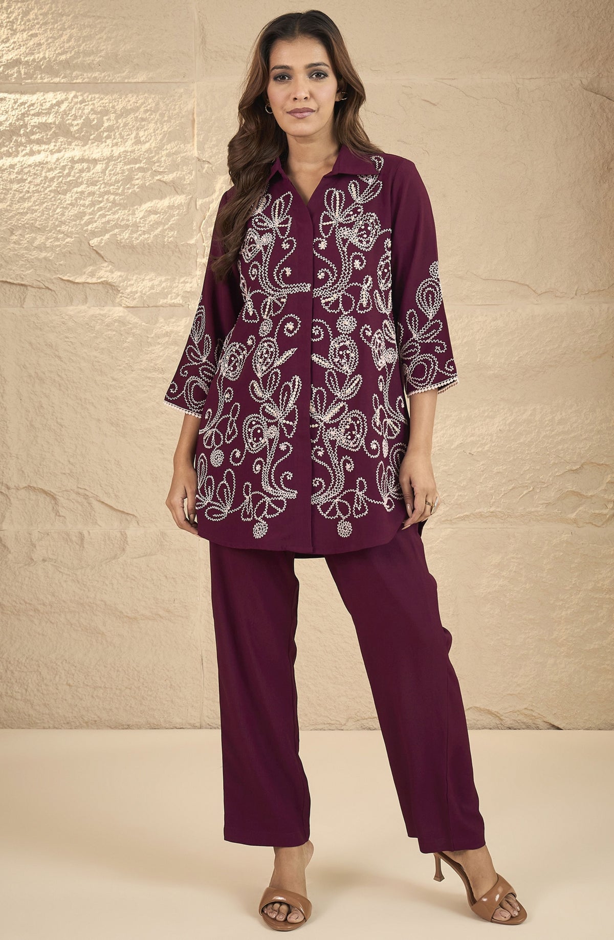 Maroon Floral Embroidered Co-Ord