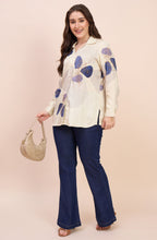 Ivory Satin Shirt with Blue Leaf Print
