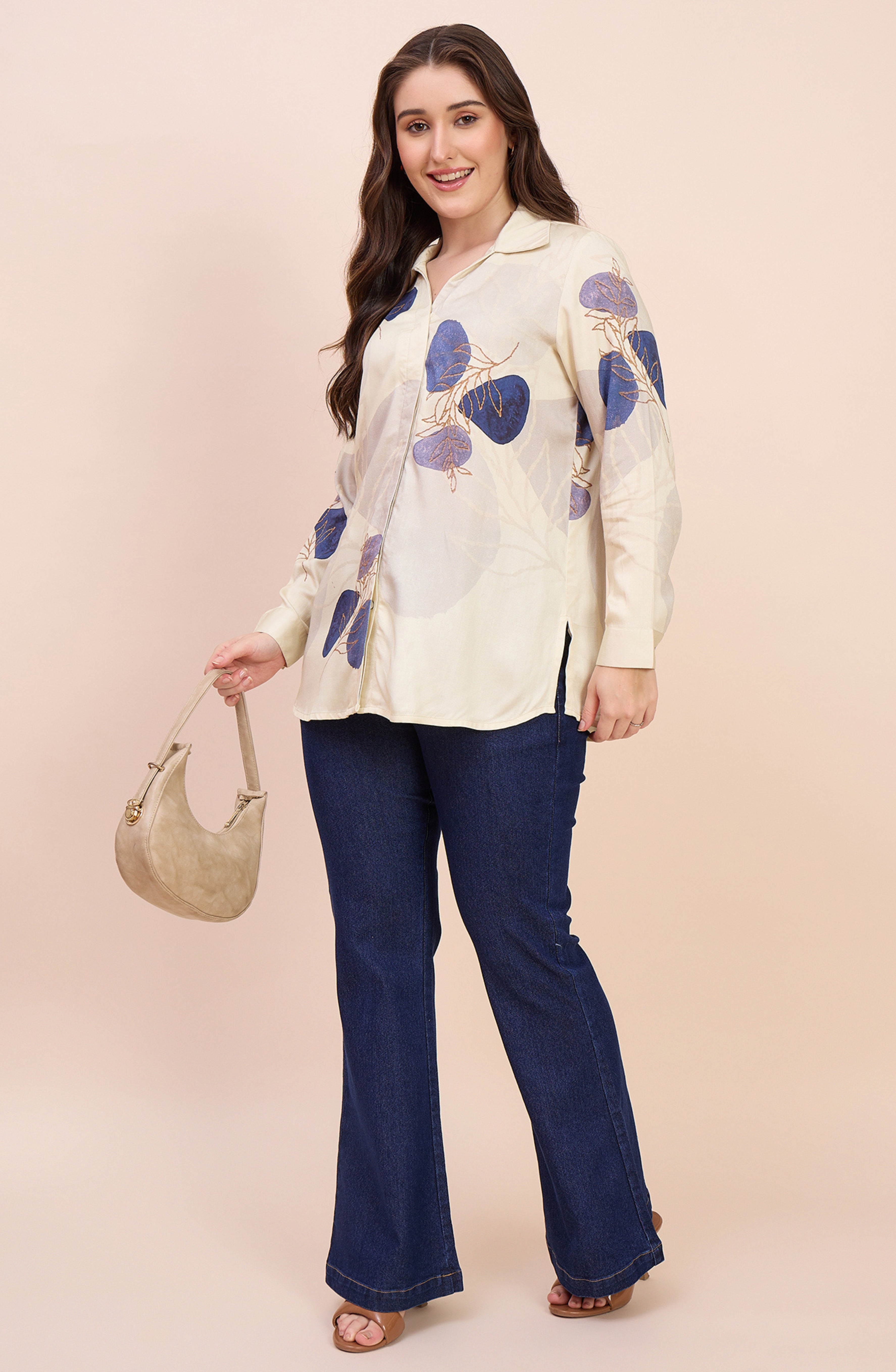Ivory Satin Shirt with Blue Leaf Print