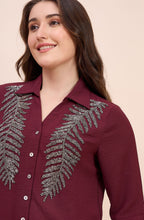 Maroon Shirt with Metallic Beaded Fern Embroidery