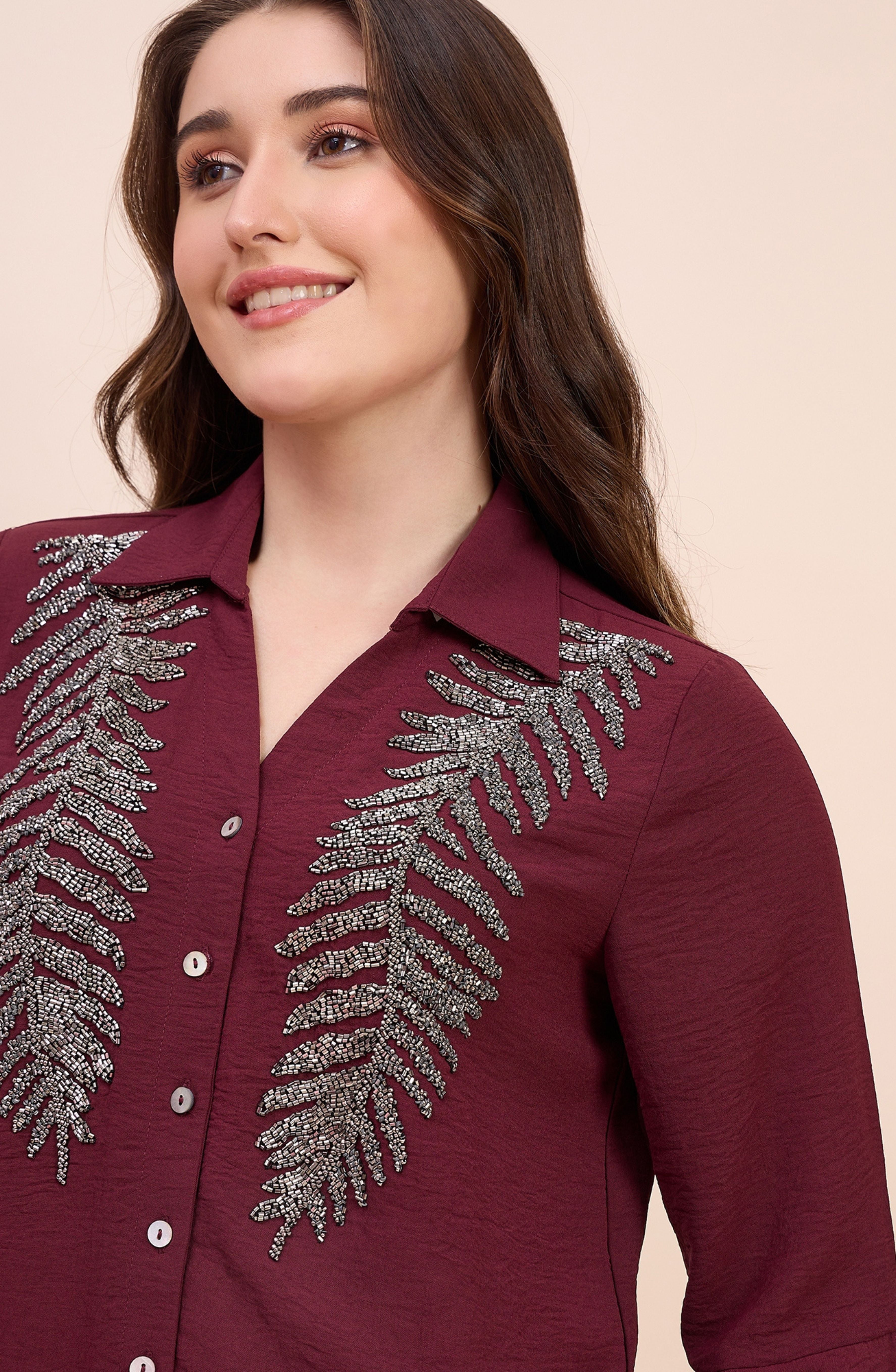 Maroon Shirt with Metallic Beaded Fern Embroidery