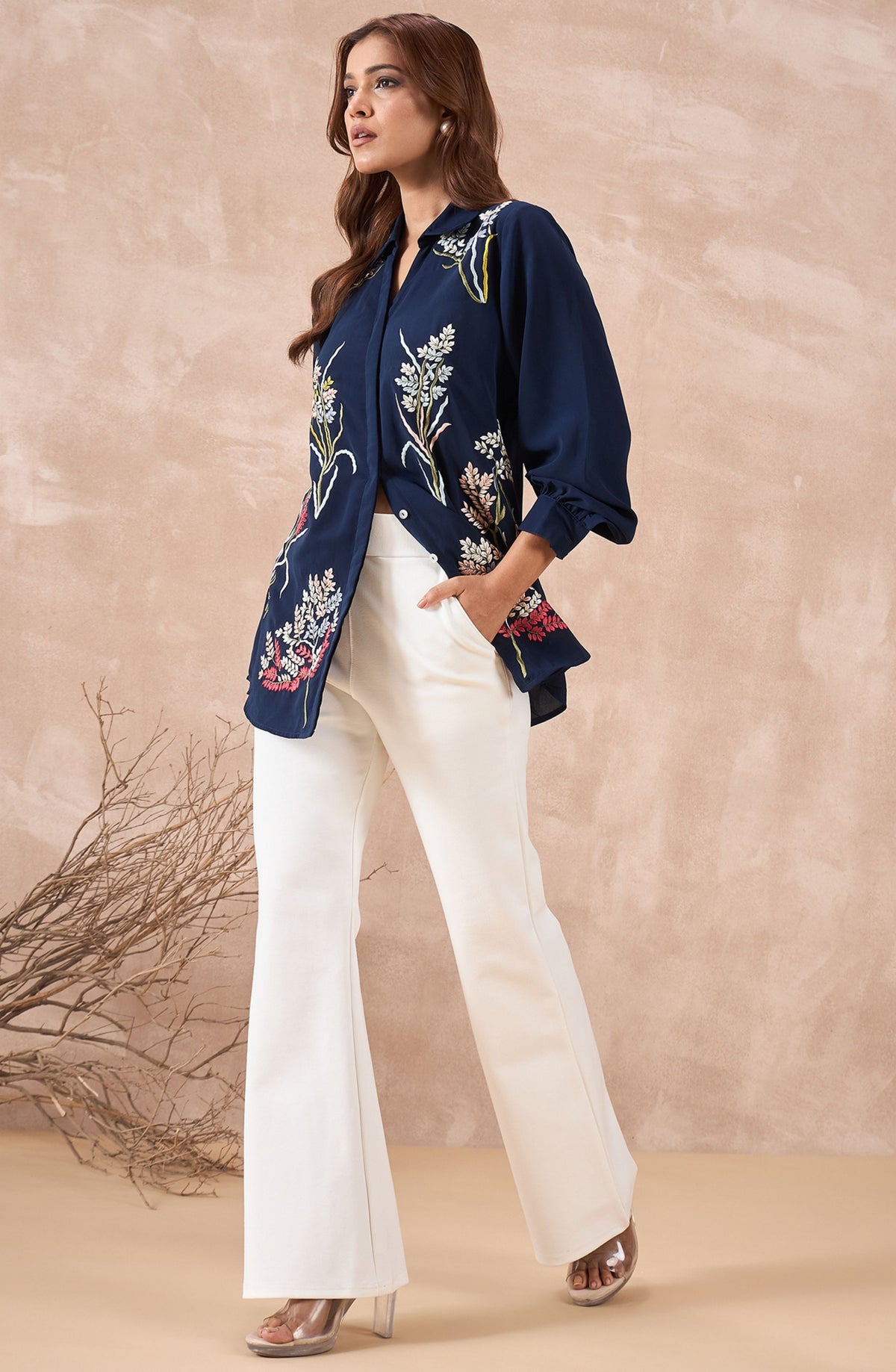 Navy Blue Shirt with Multicolour Wildflower Embroidery