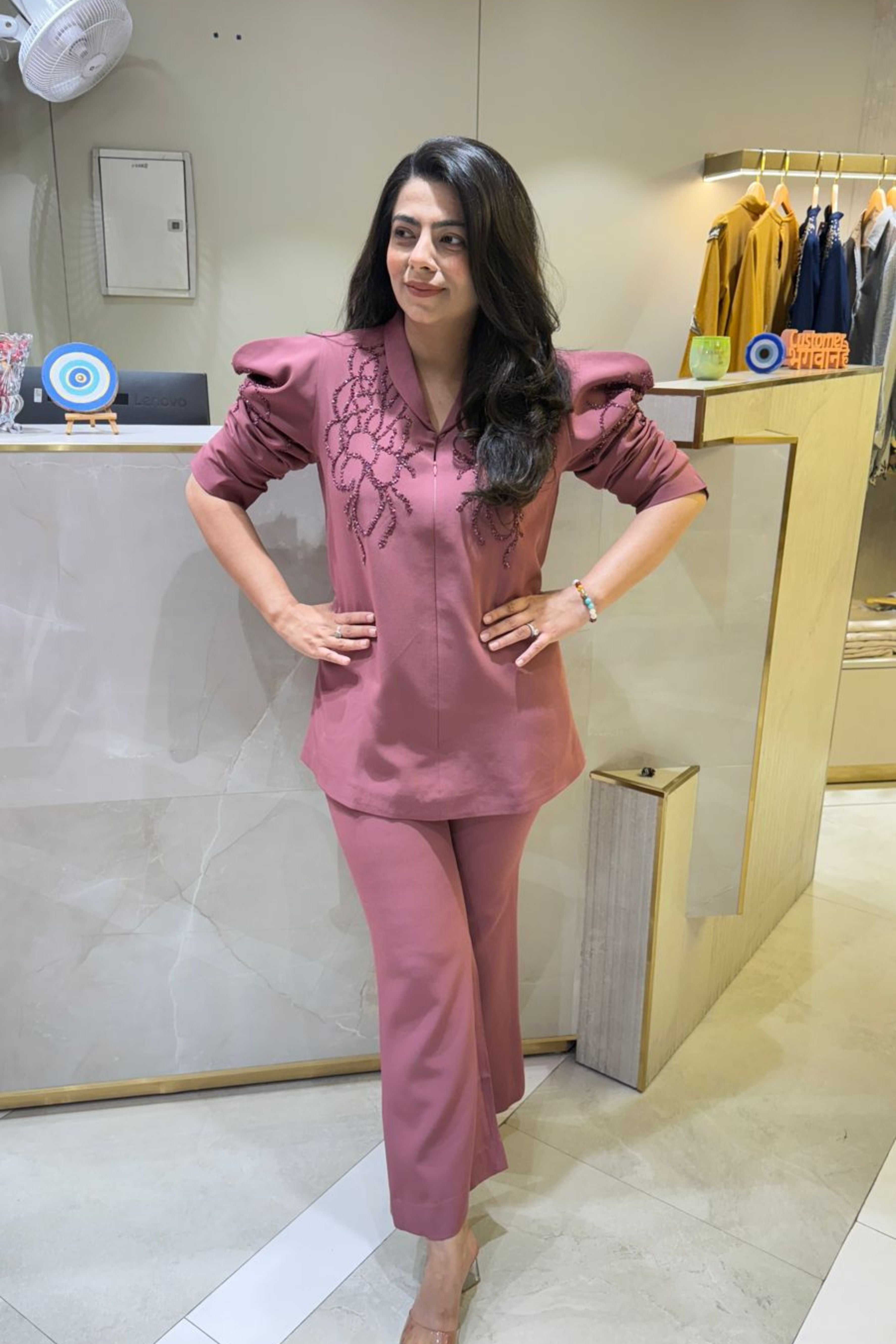 Blush Pink Puff Style Embellished Co-Ord