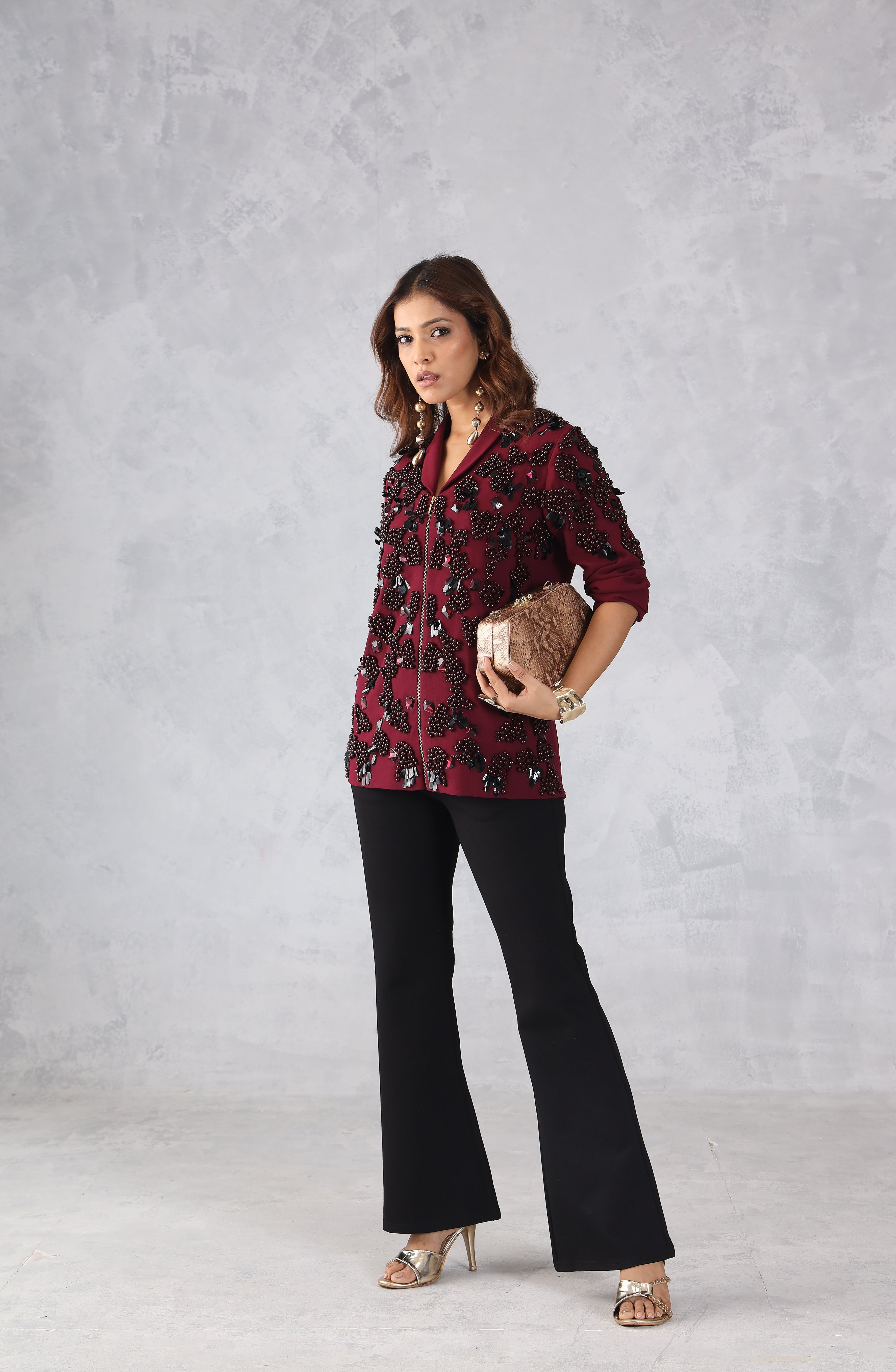 Red Embellished Zip Style Jacket