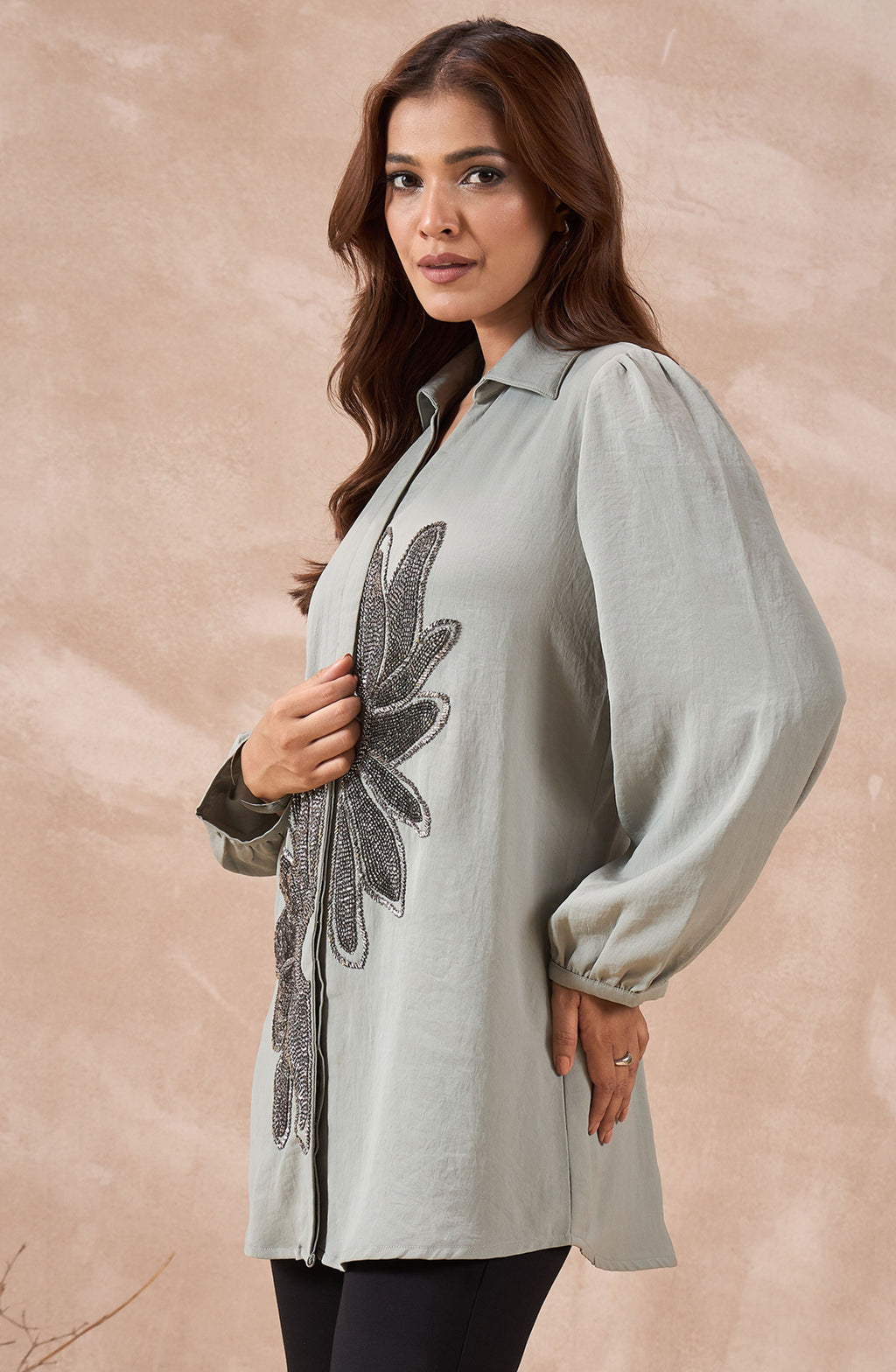 Sage Grey Shirt with Metallic Beaded Sunflower Motif