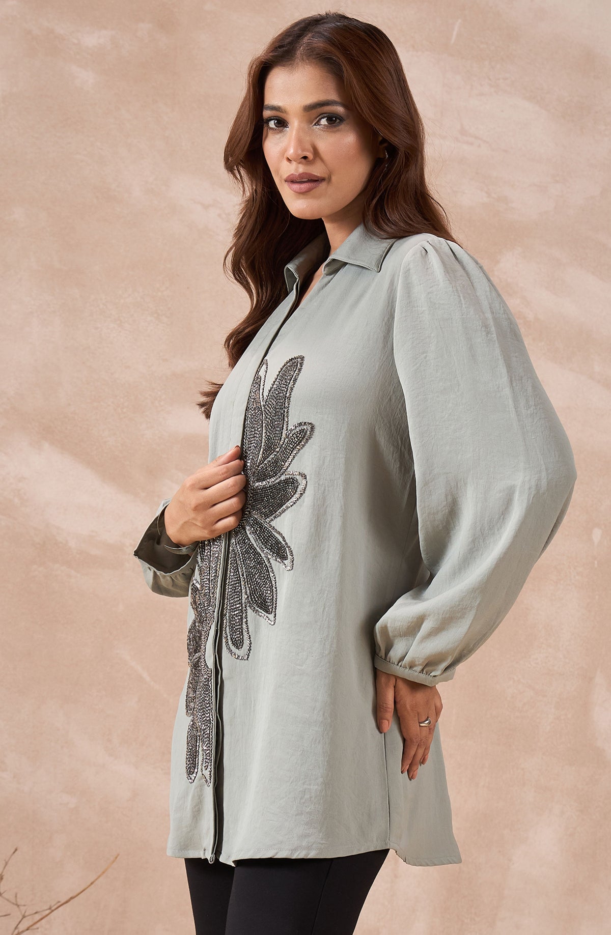 Sage Grey Shirt with Metallic Beaded Sunflower Motif