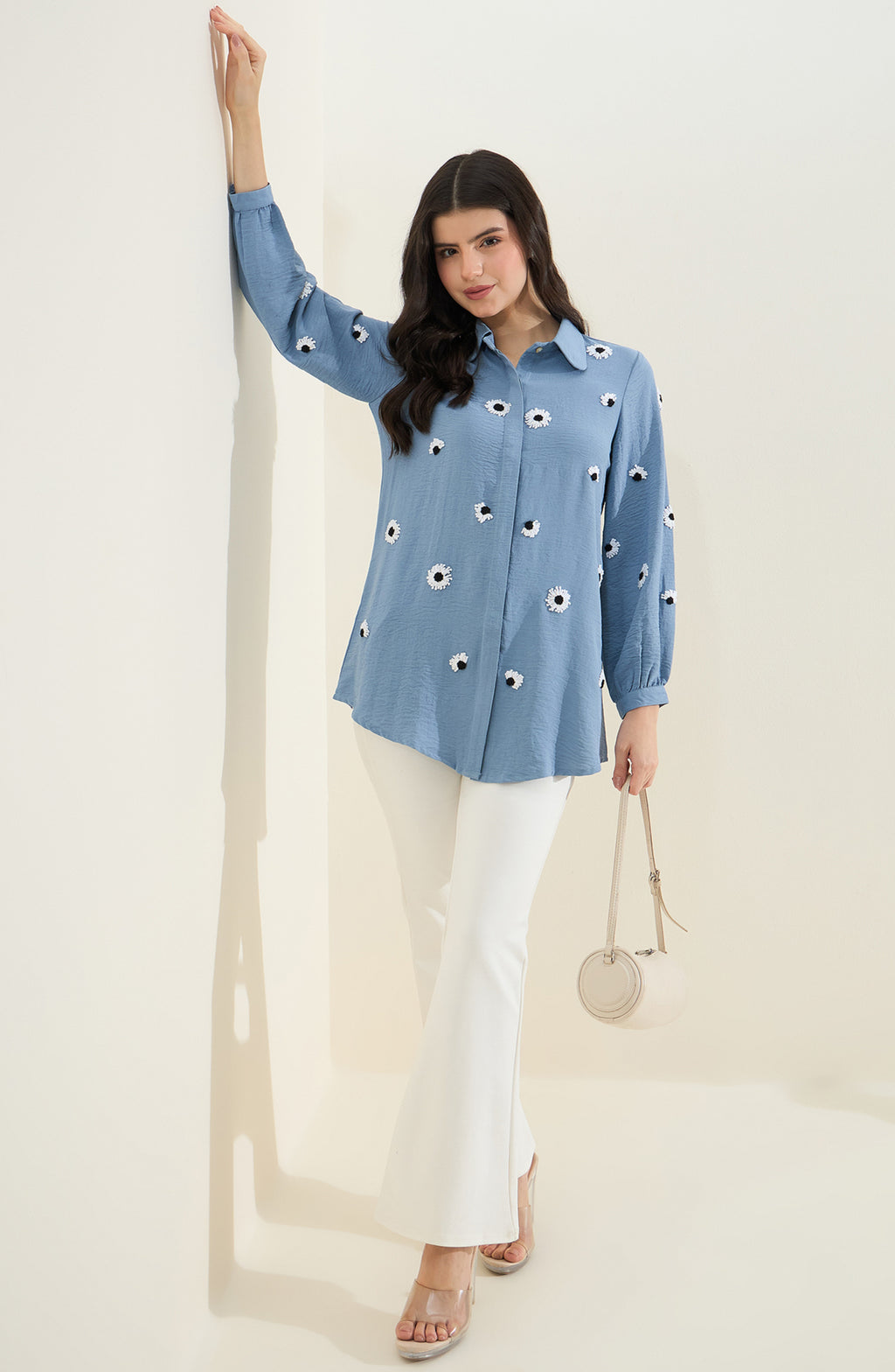 Denim Blue Shirt with Scattered Daisy Embroidery