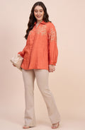 Rust Orange Shirt with Golden Vine Embroidery