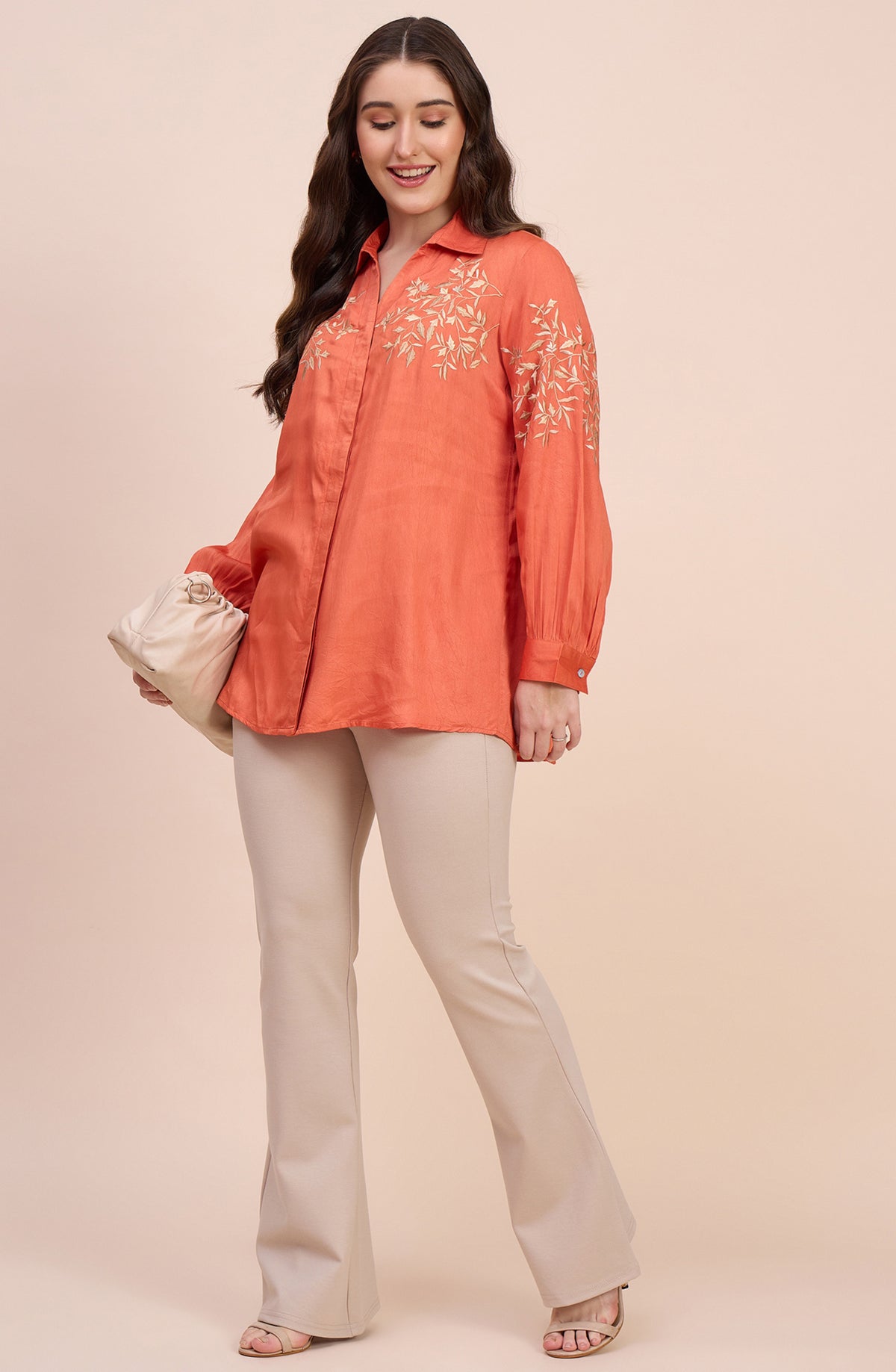 Rust Orange Shirt with Golden Vine Embroidery