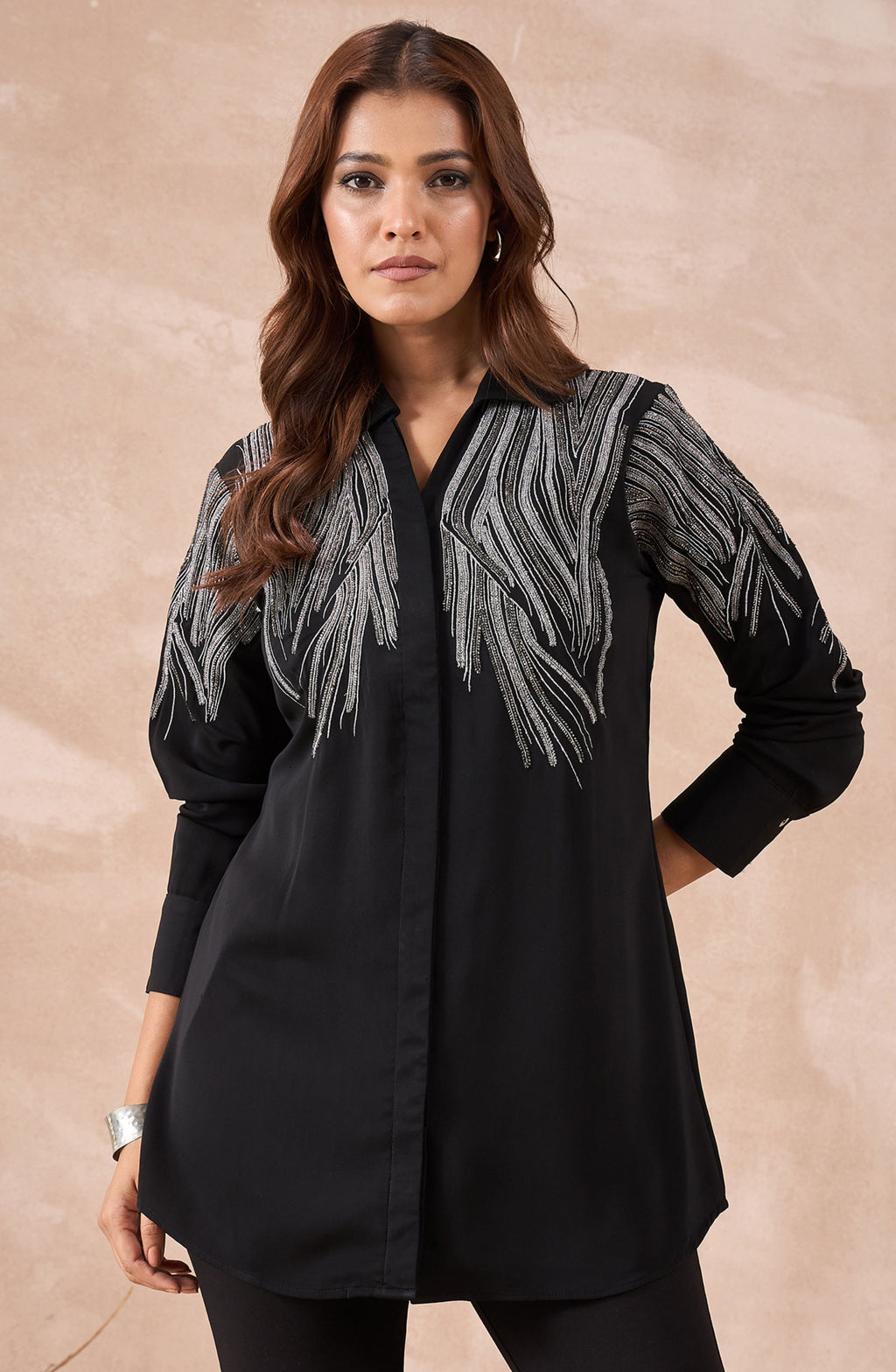 Black Shirt with Silver Metallic Fringe Embroidery