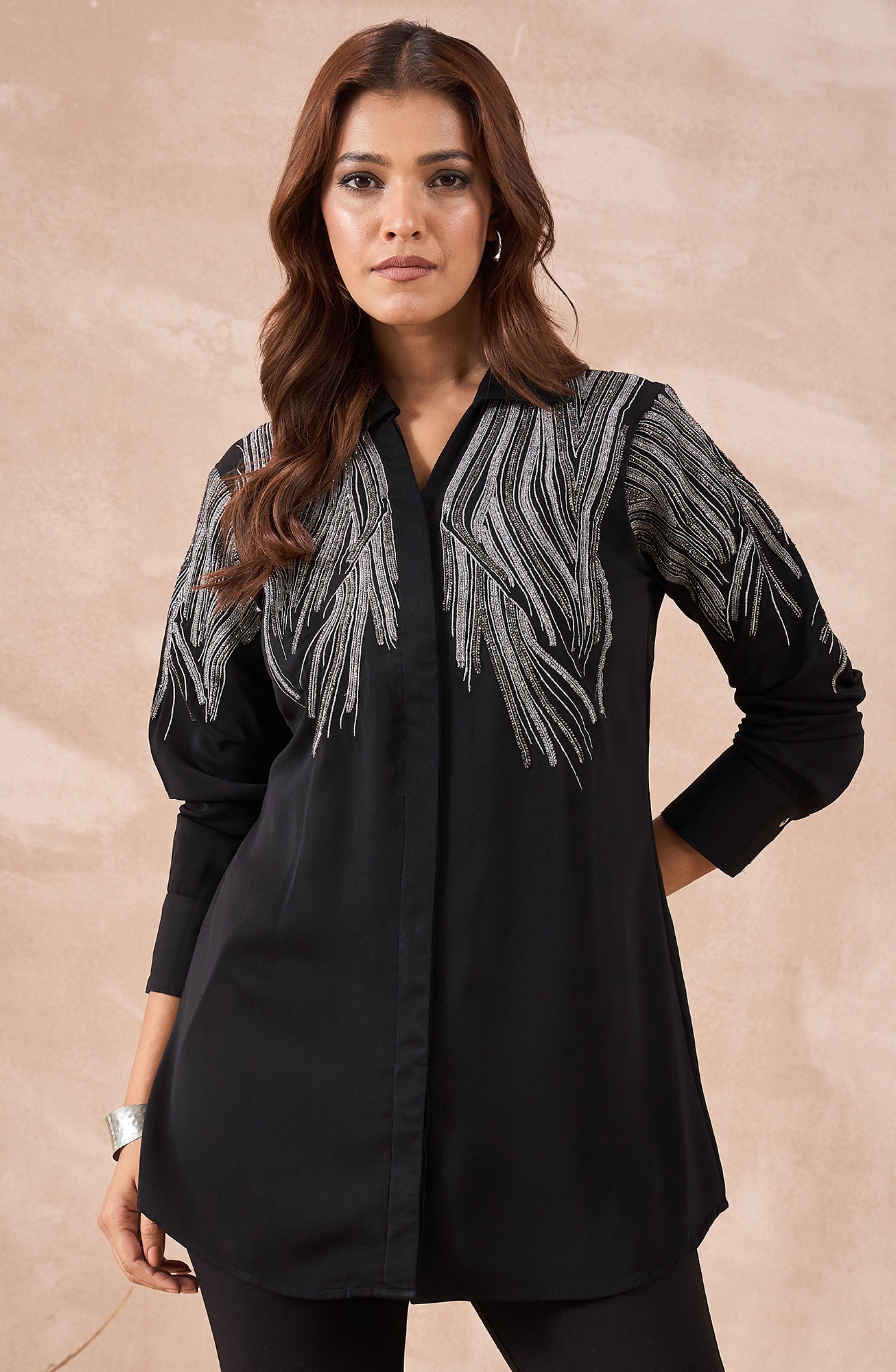 Black Shirt with Silver Metallic Fringe Embroidery
