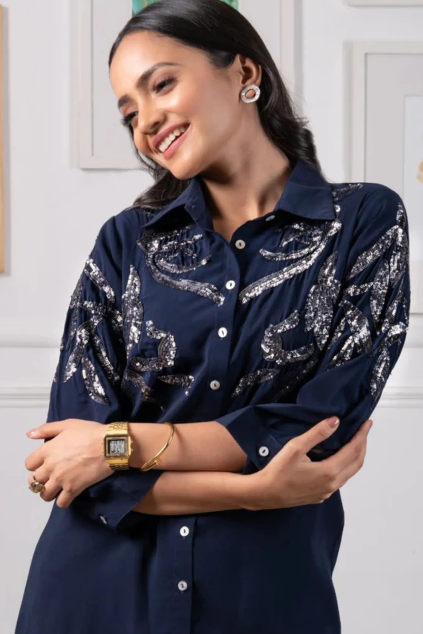 Navy Blue Sequin Shirt