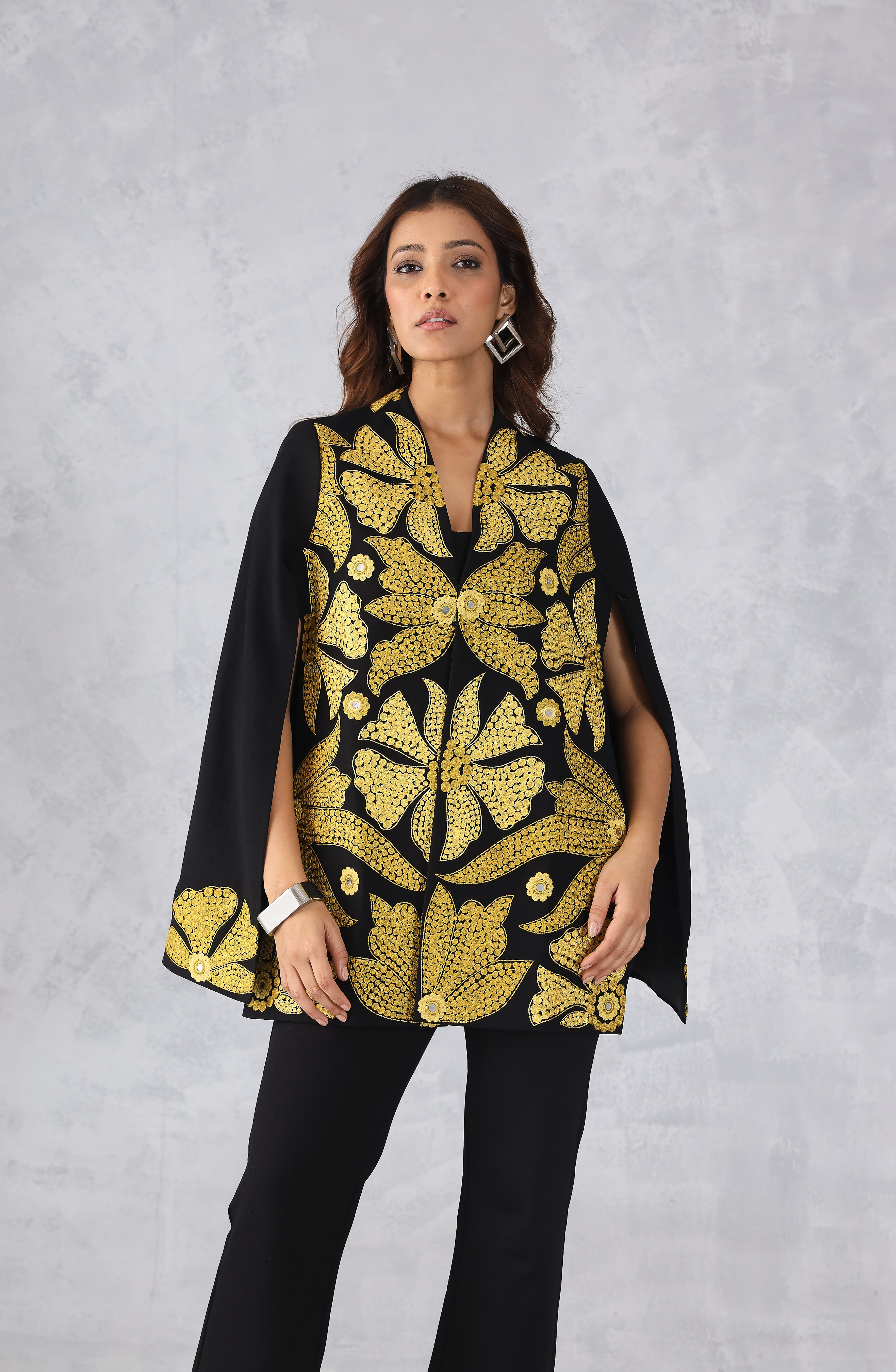 Black & Mustard Embroidered Cape