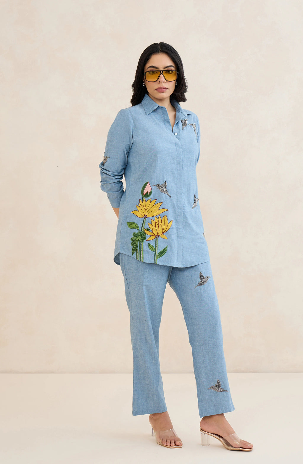Sky Blue Floral Bird Embellished Co-Ord Set