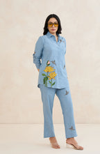 Sky Blue Floral Bird Embellished Co-Ord Set