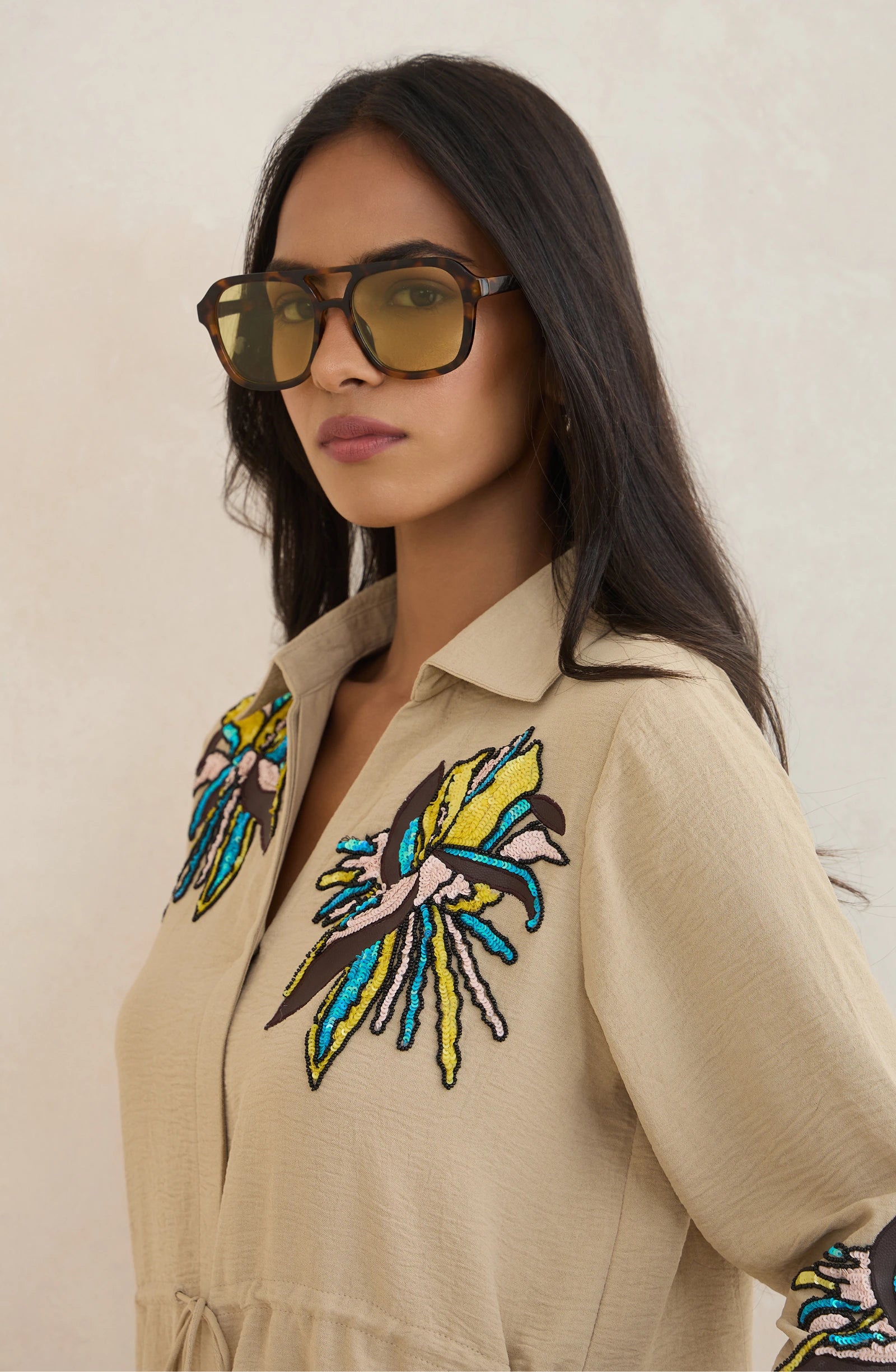 Beige Waist Tie Embellished Shirt