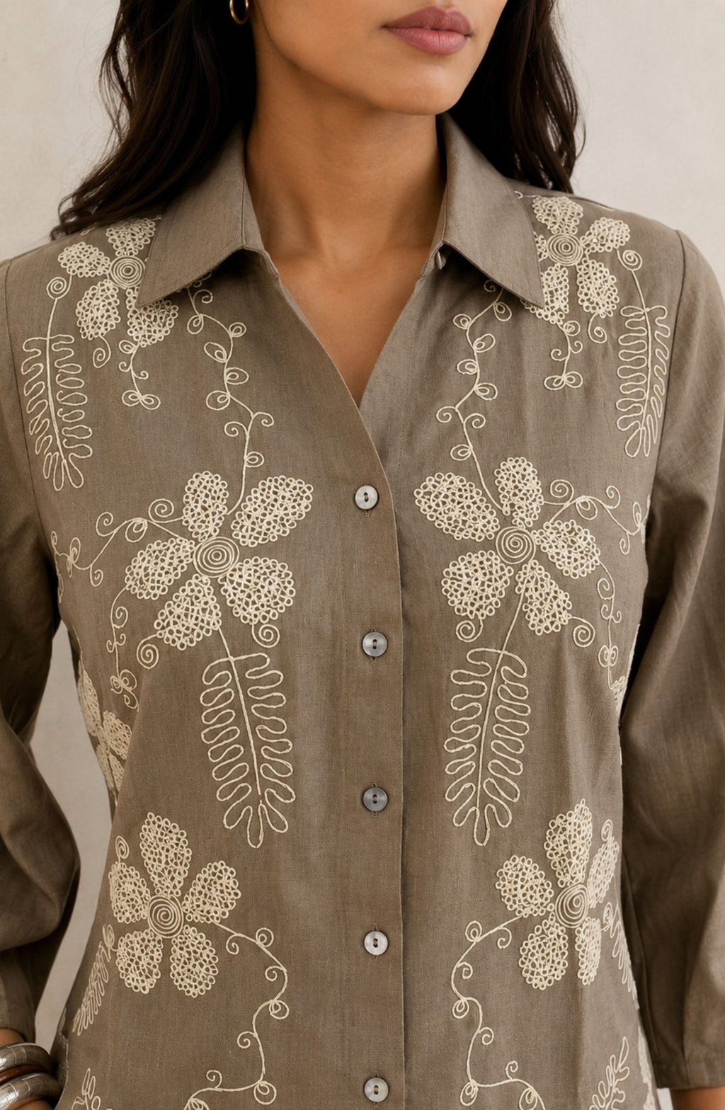Beige Floral Meadow Embroidered Shirt