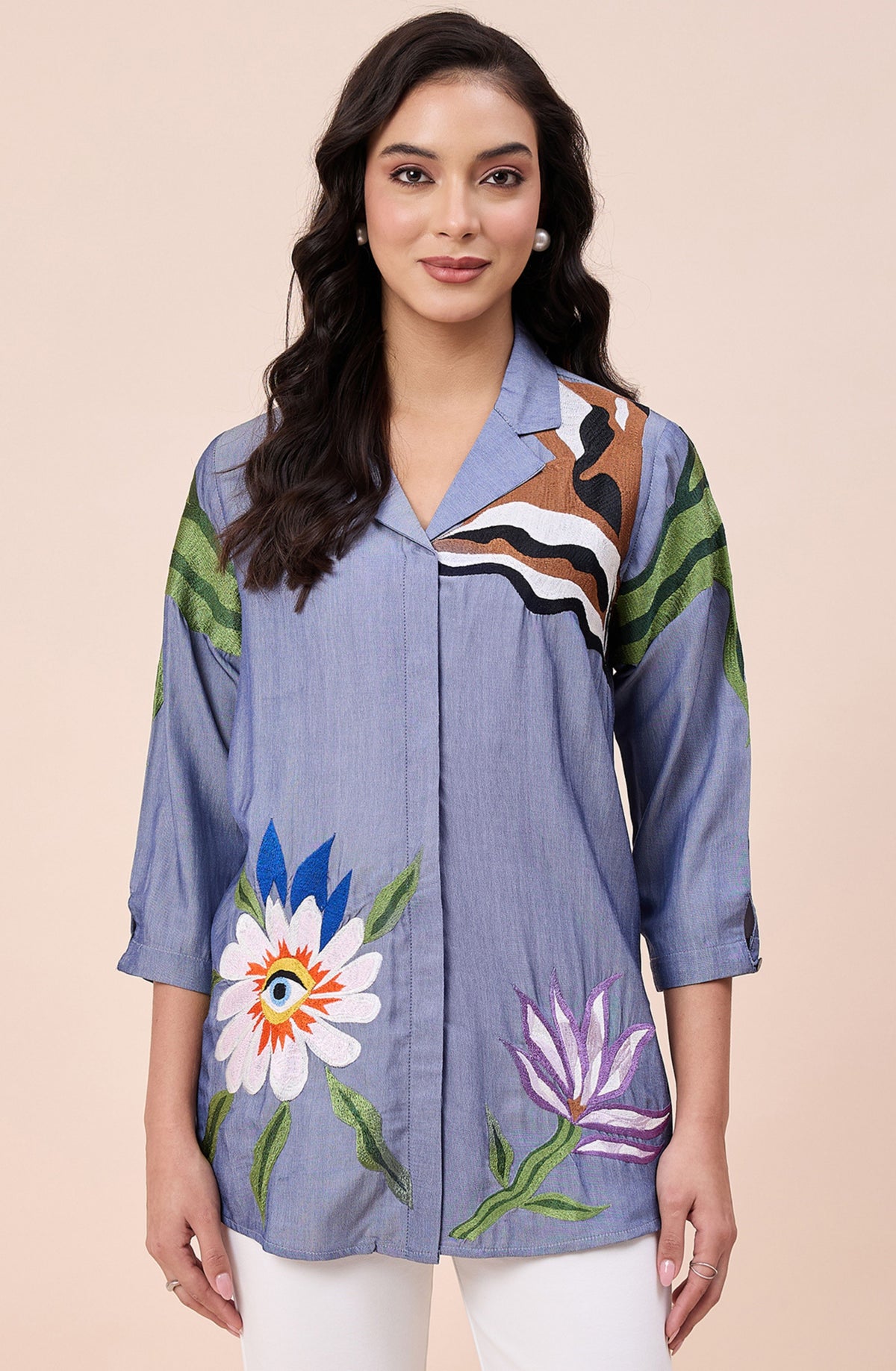 Cotton Denim Colourful Embroidered Shirt