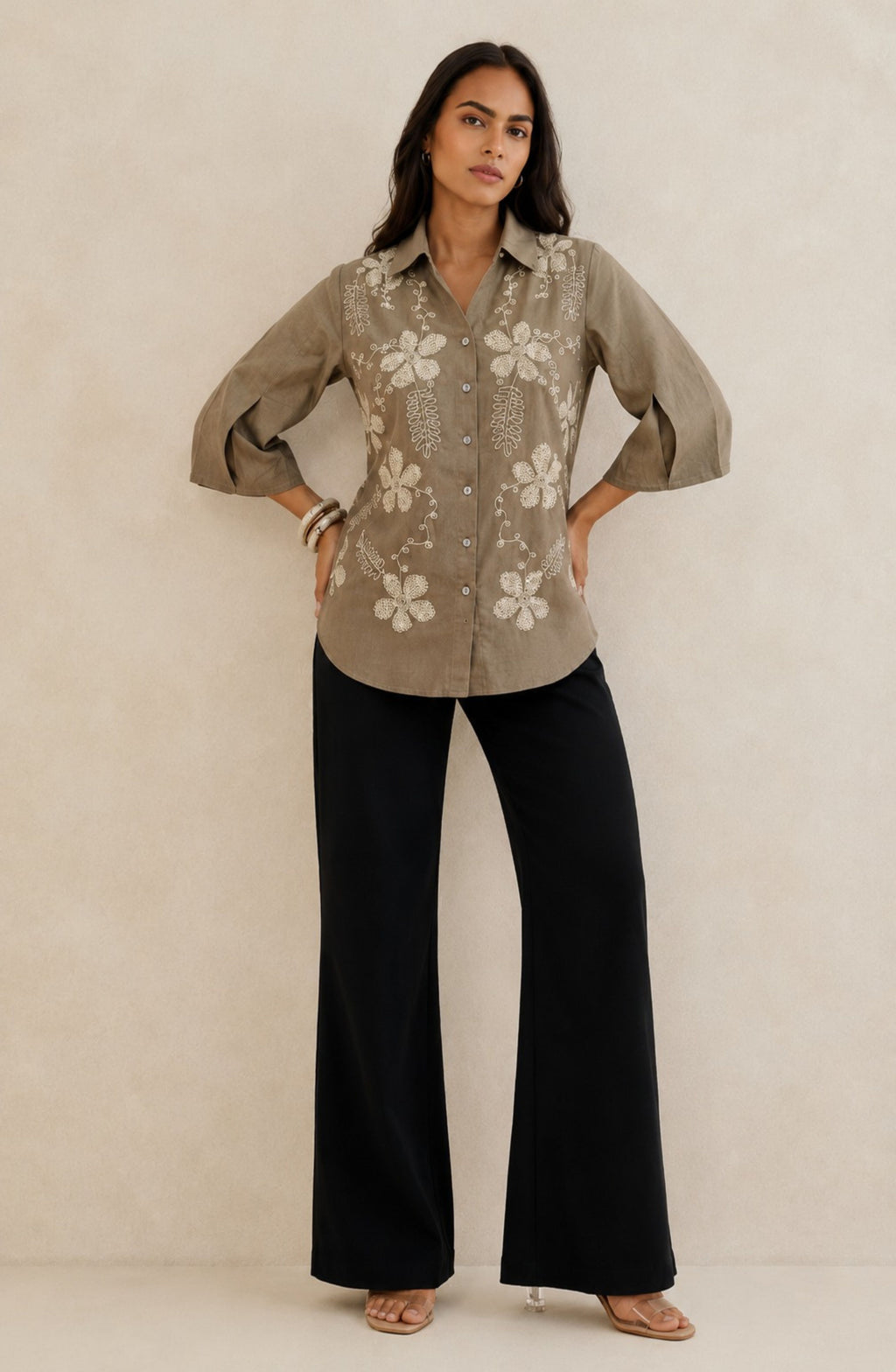 Beige Floral Meadow Embroidered Shirt