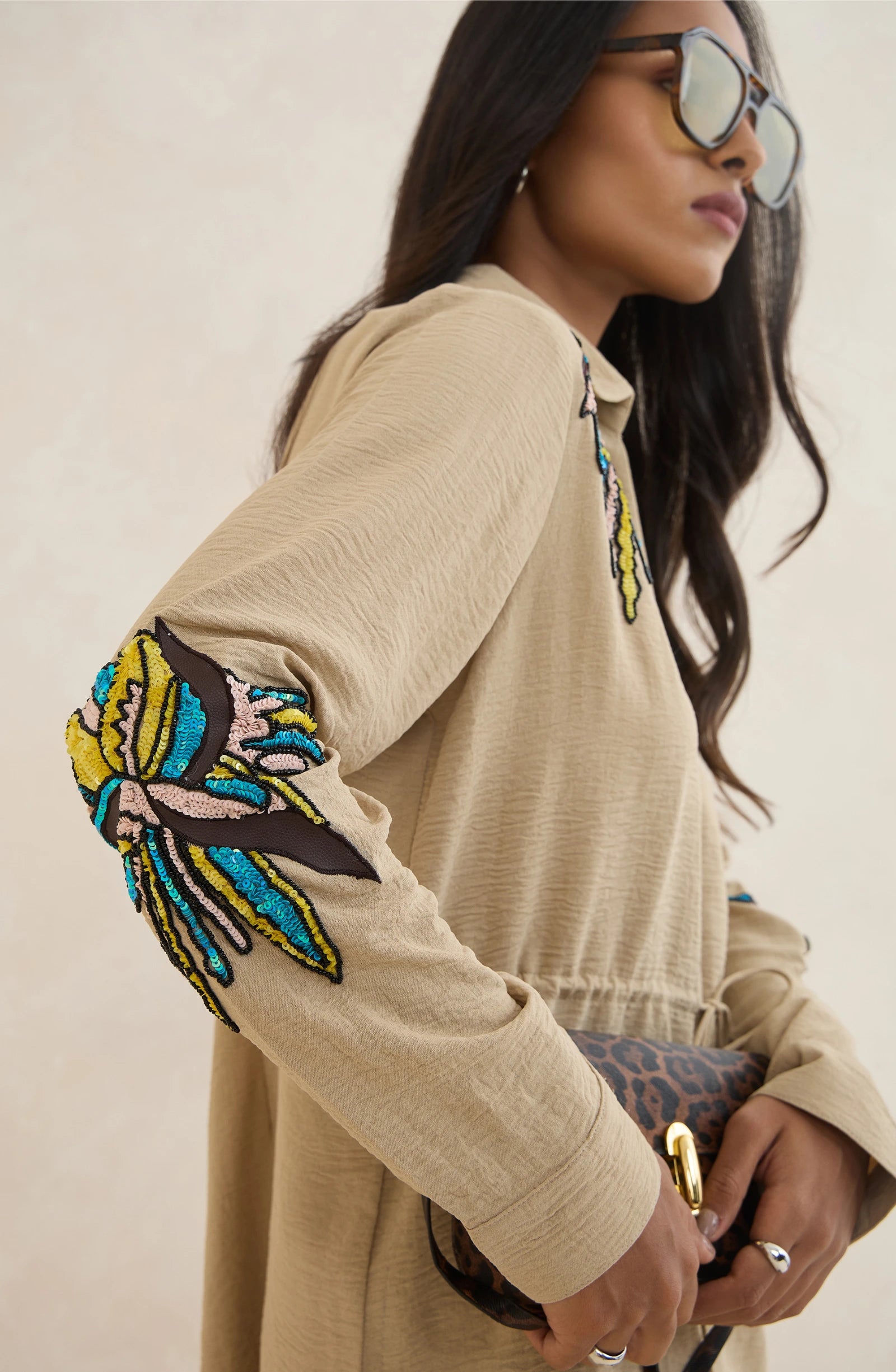 Beige Waist Tie Embellished Shirt