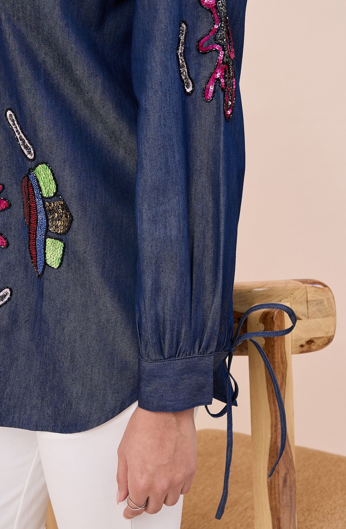 Cotton Denim Hand Embellished Zipper Shirt