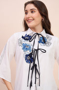White Shirt with Blue Sequin Floral Embroidery & Tie Neck