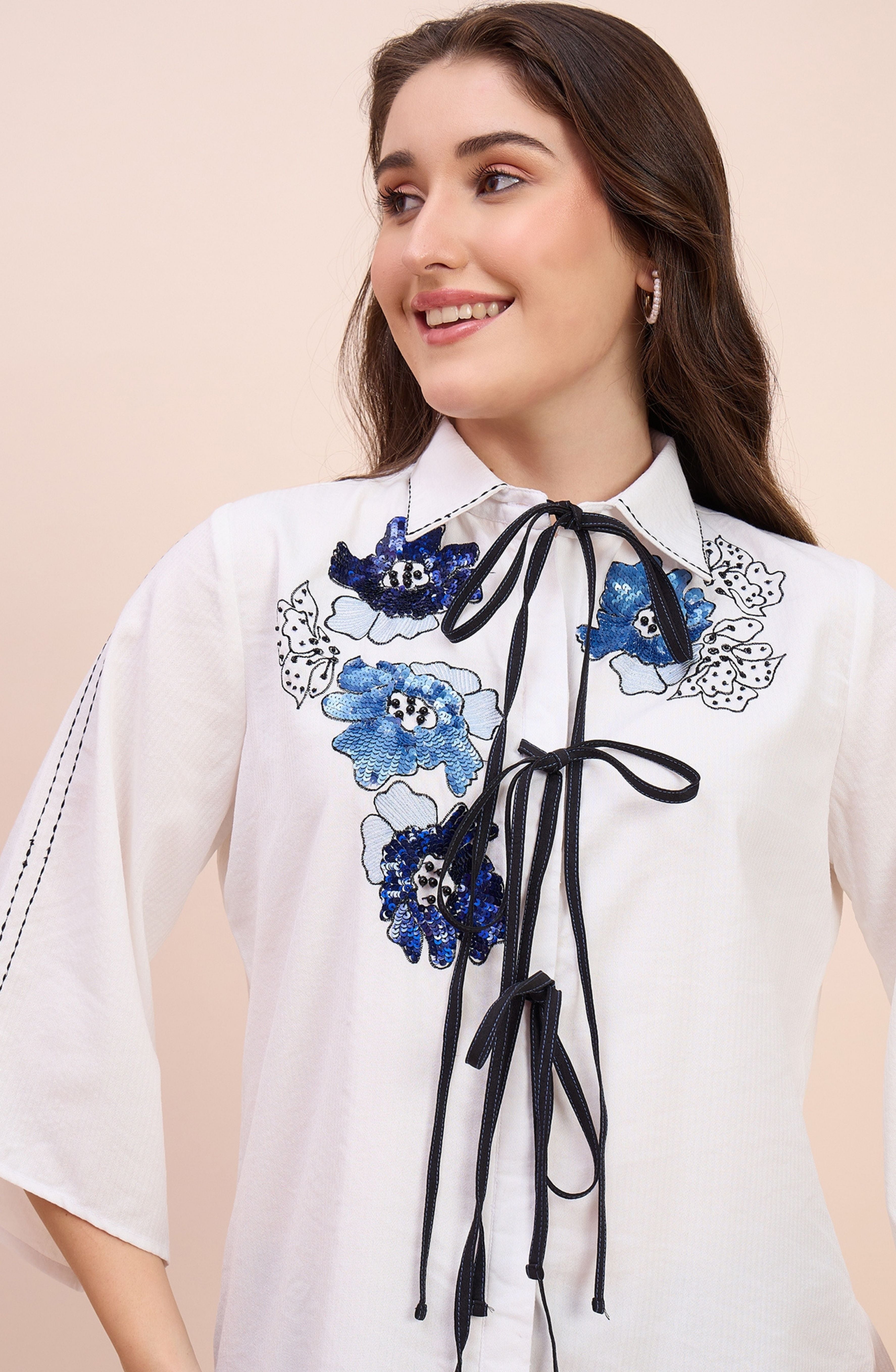 White Shirt with Blue Sequin Floral Embroidery & Tie Neck