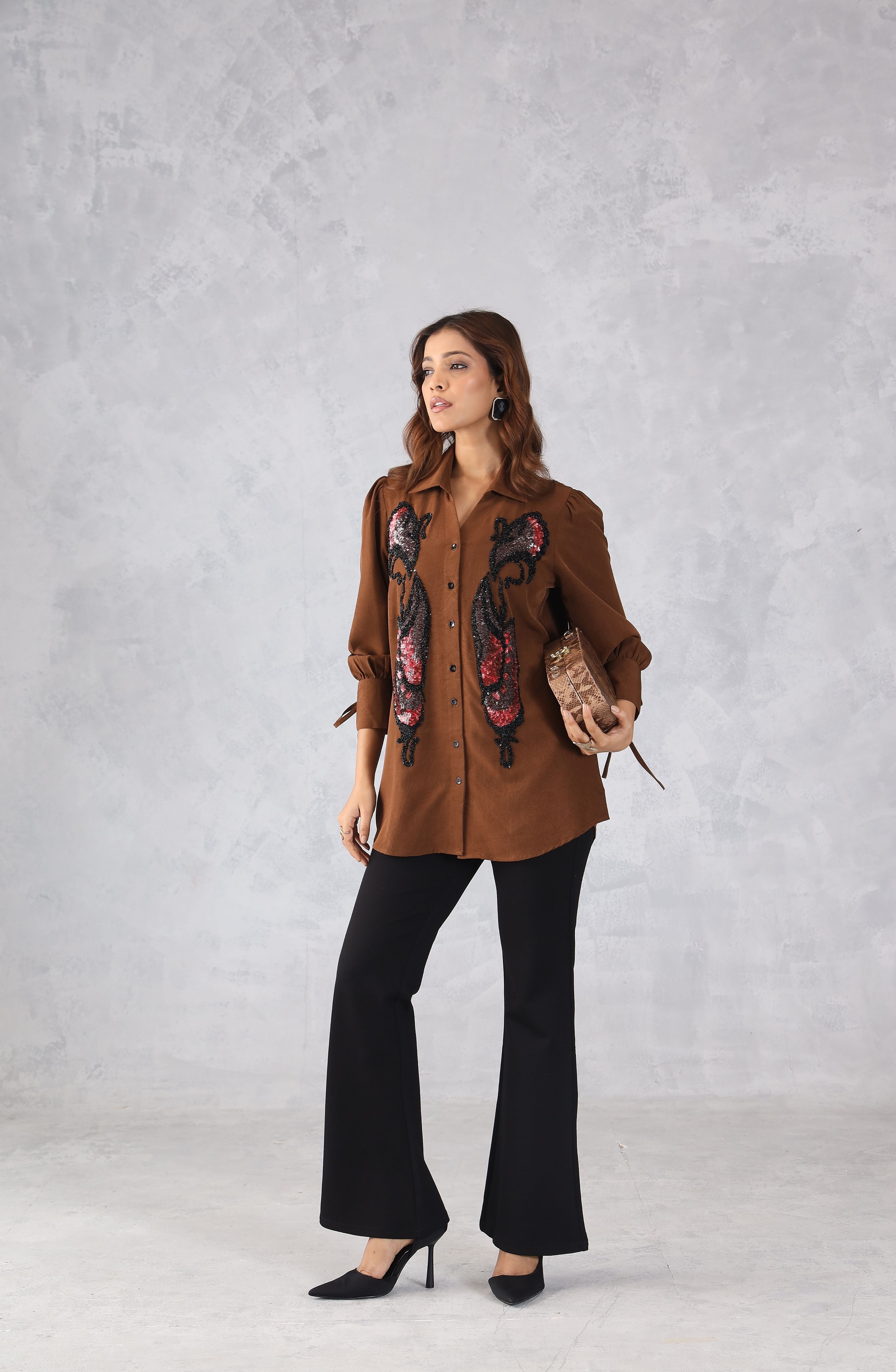 Elegant Brown Sequin Shirt