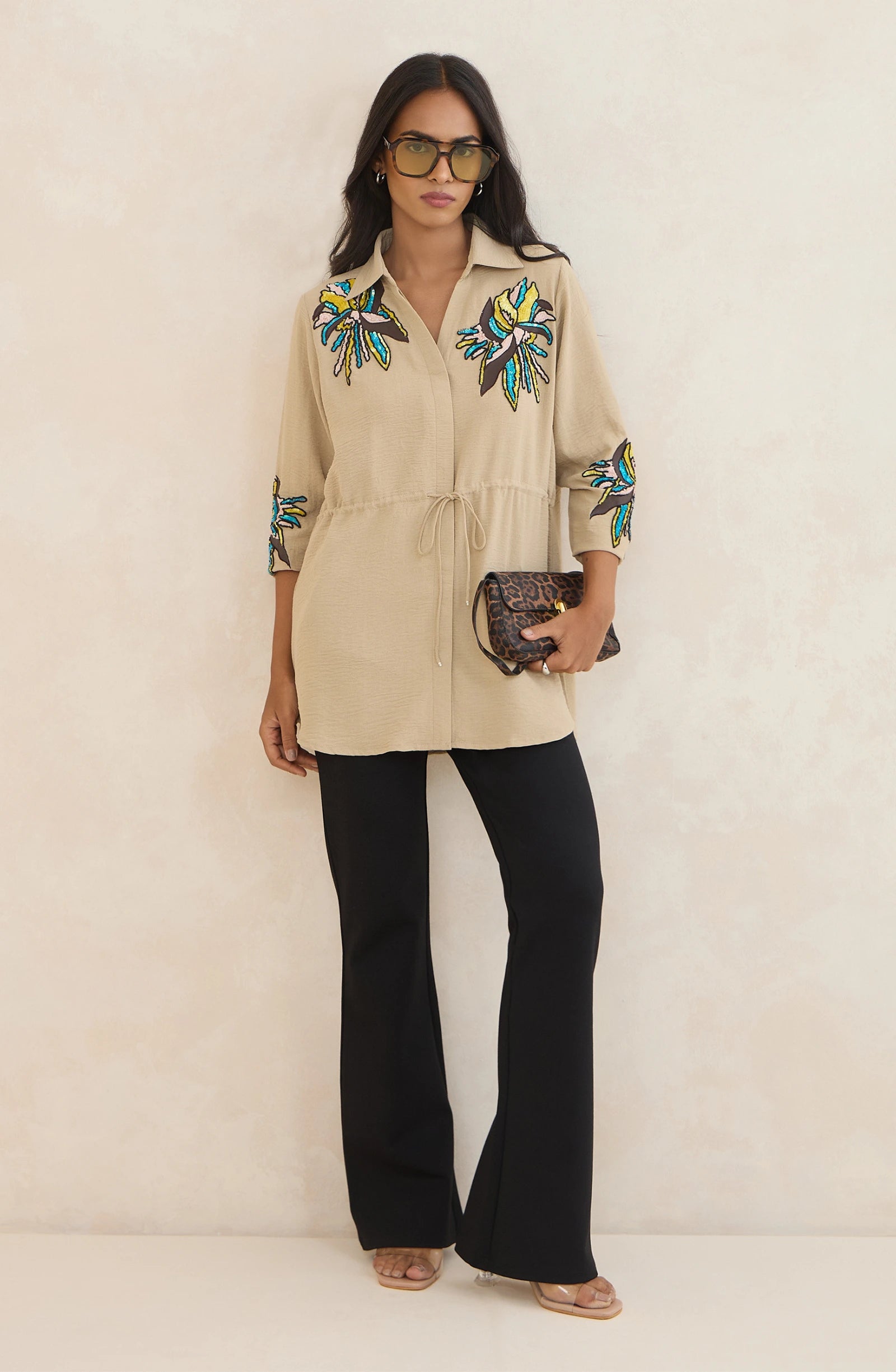 Beige Waist Tie Embellished Shirt