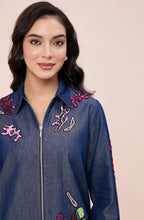 Cotton Denim Hand Embellished Zipper Shirt