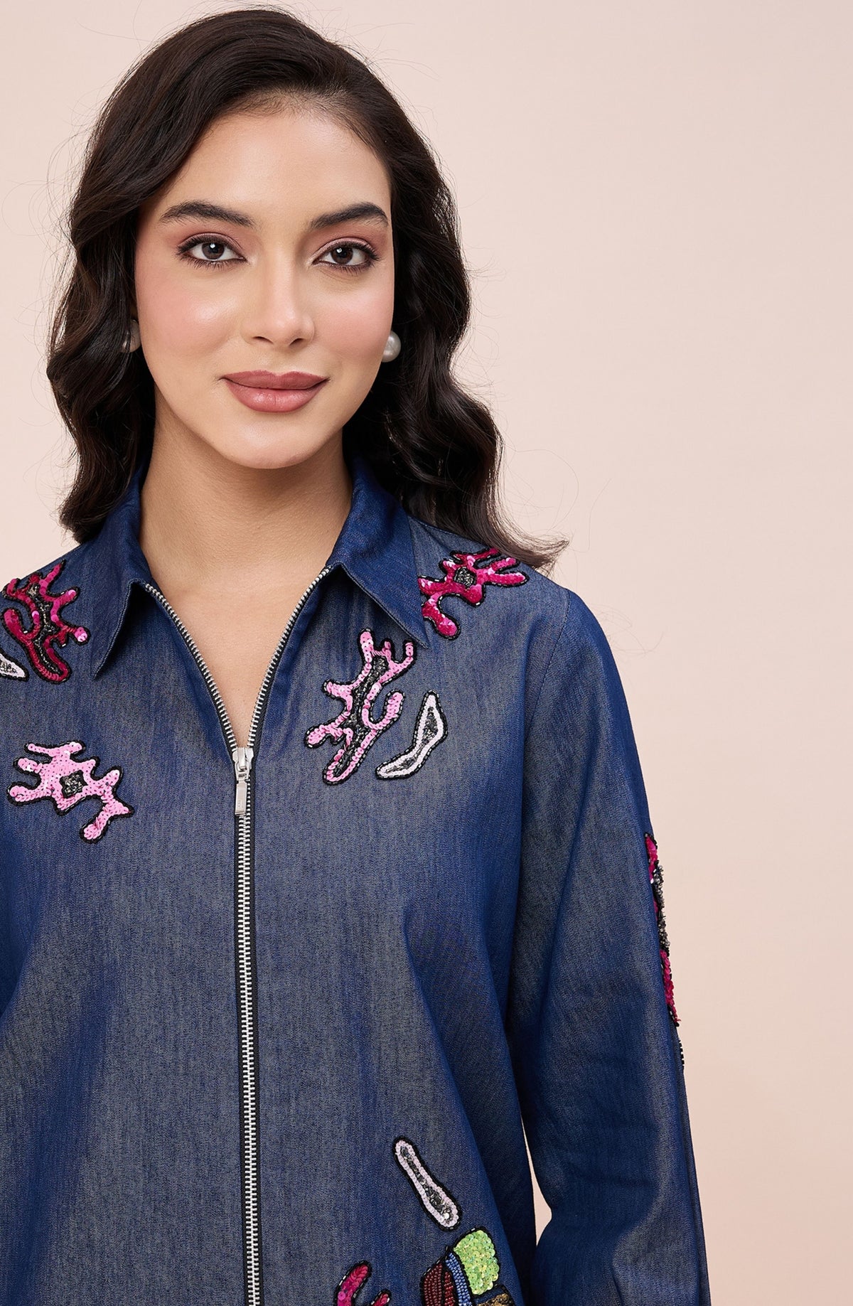 Cotton Denim Hand Embellished Zipper Shirt