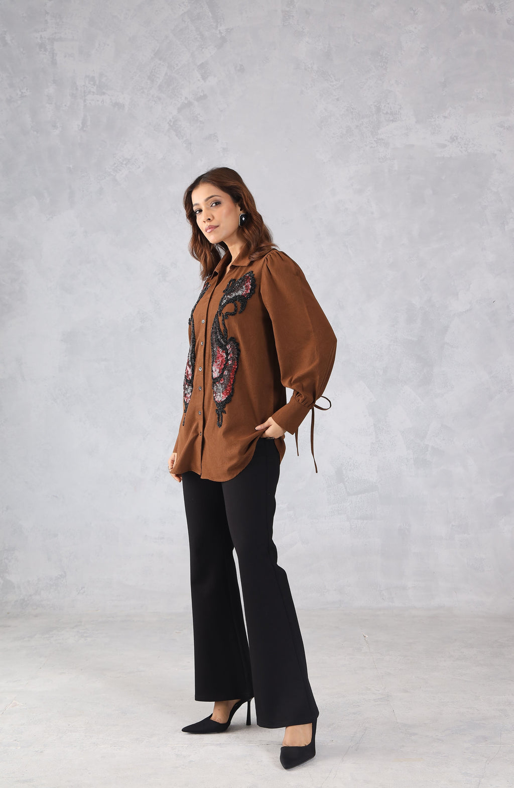 Elegant Brown Sequin Shirt