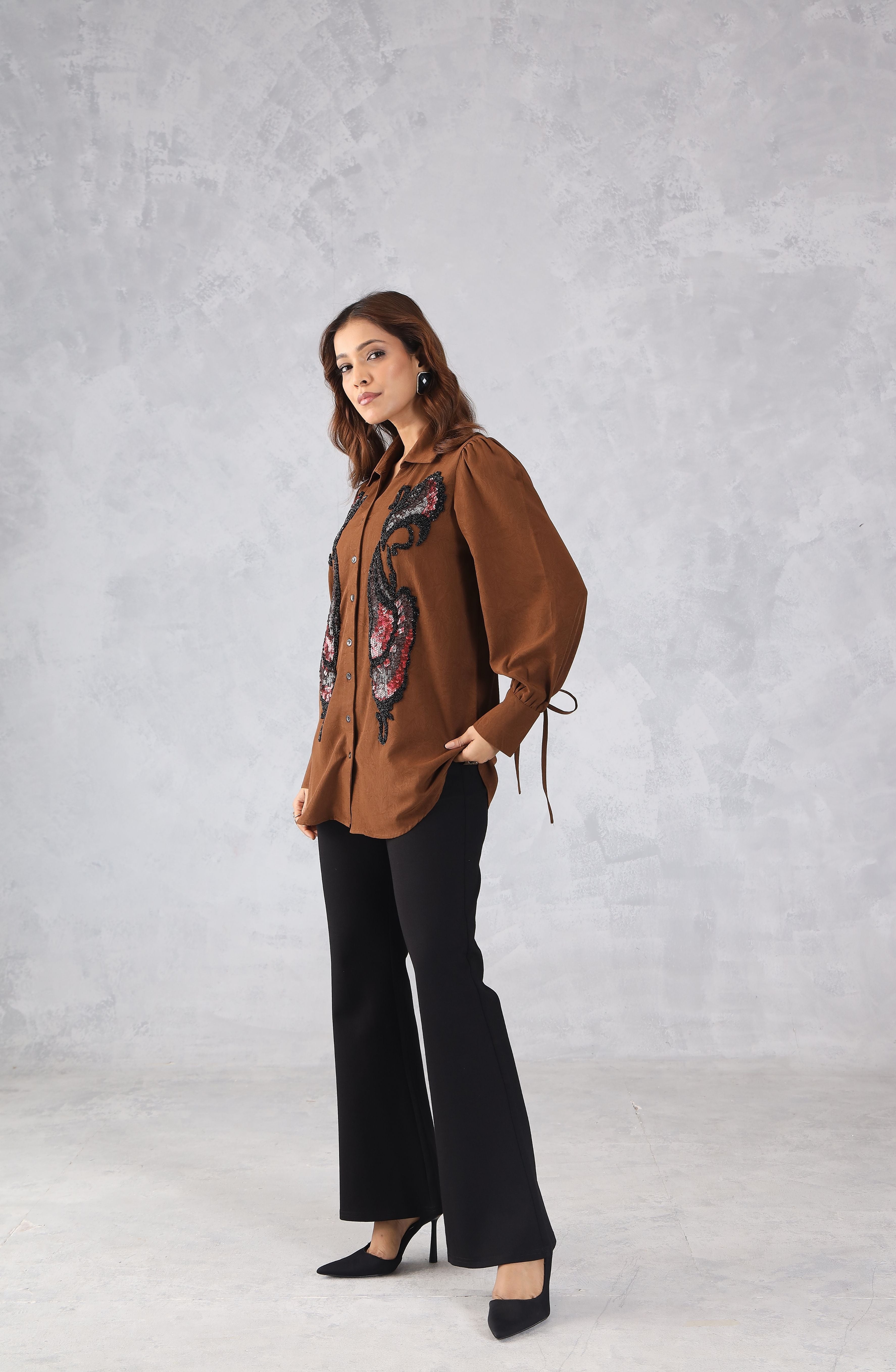 Elegant Brown Sequin Shirt