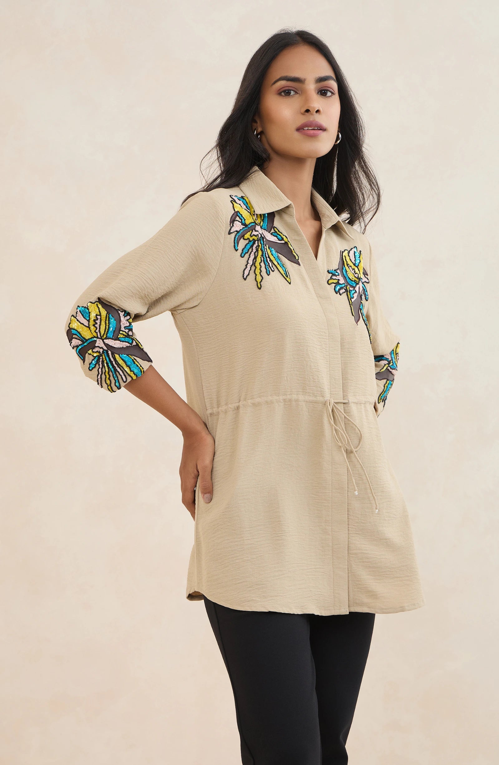 Beige Waist Tie Embellished Shirt
