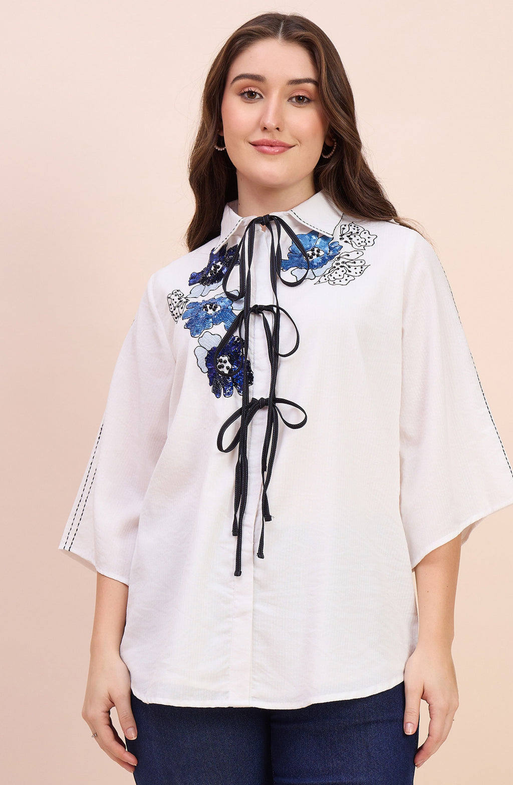 White Shirt with Blue Sequin Floral Embroidery & Tie Neck