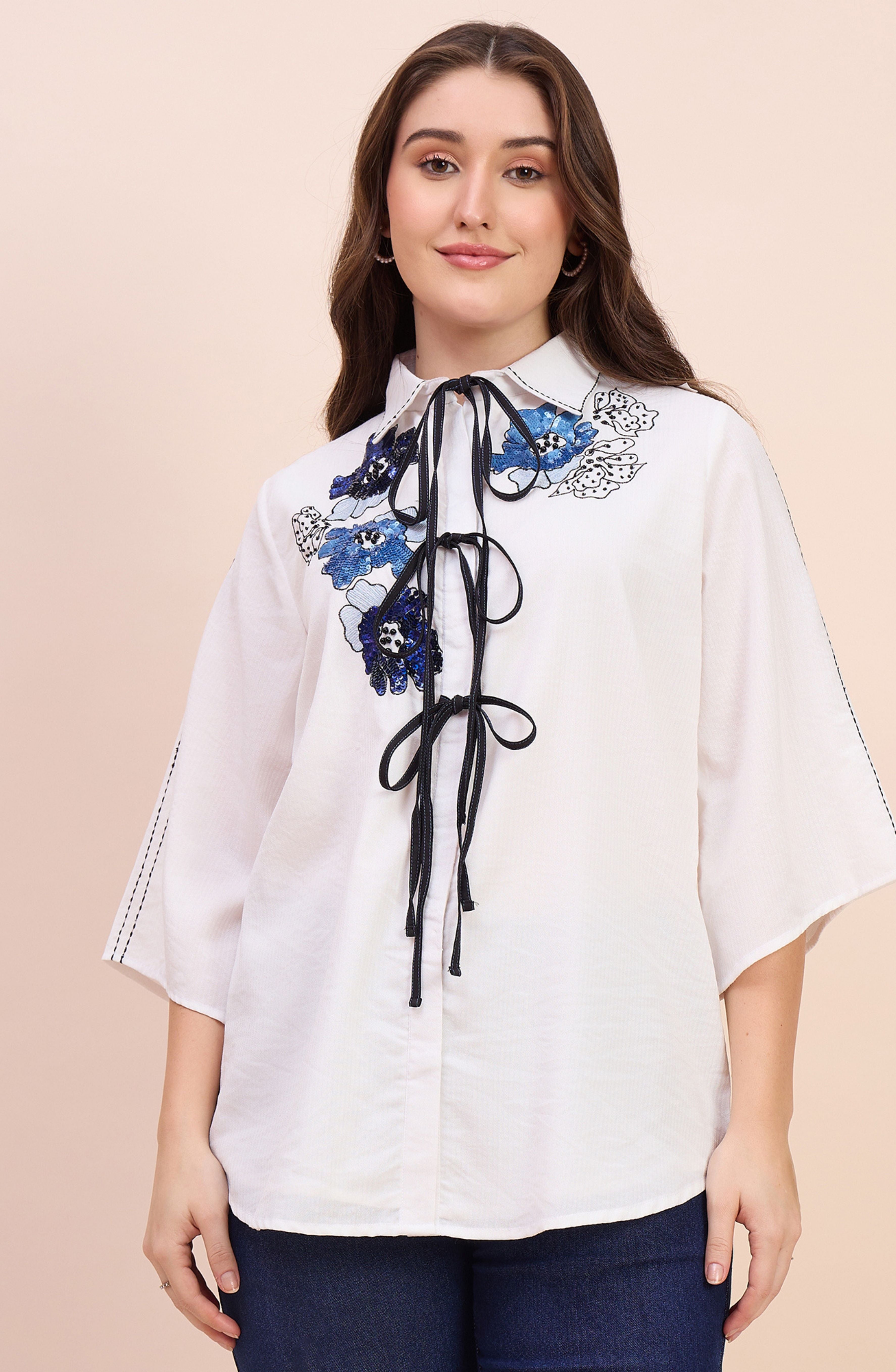 White Shirt with Blue Sequin Floral Embroidery & Tie Neck
