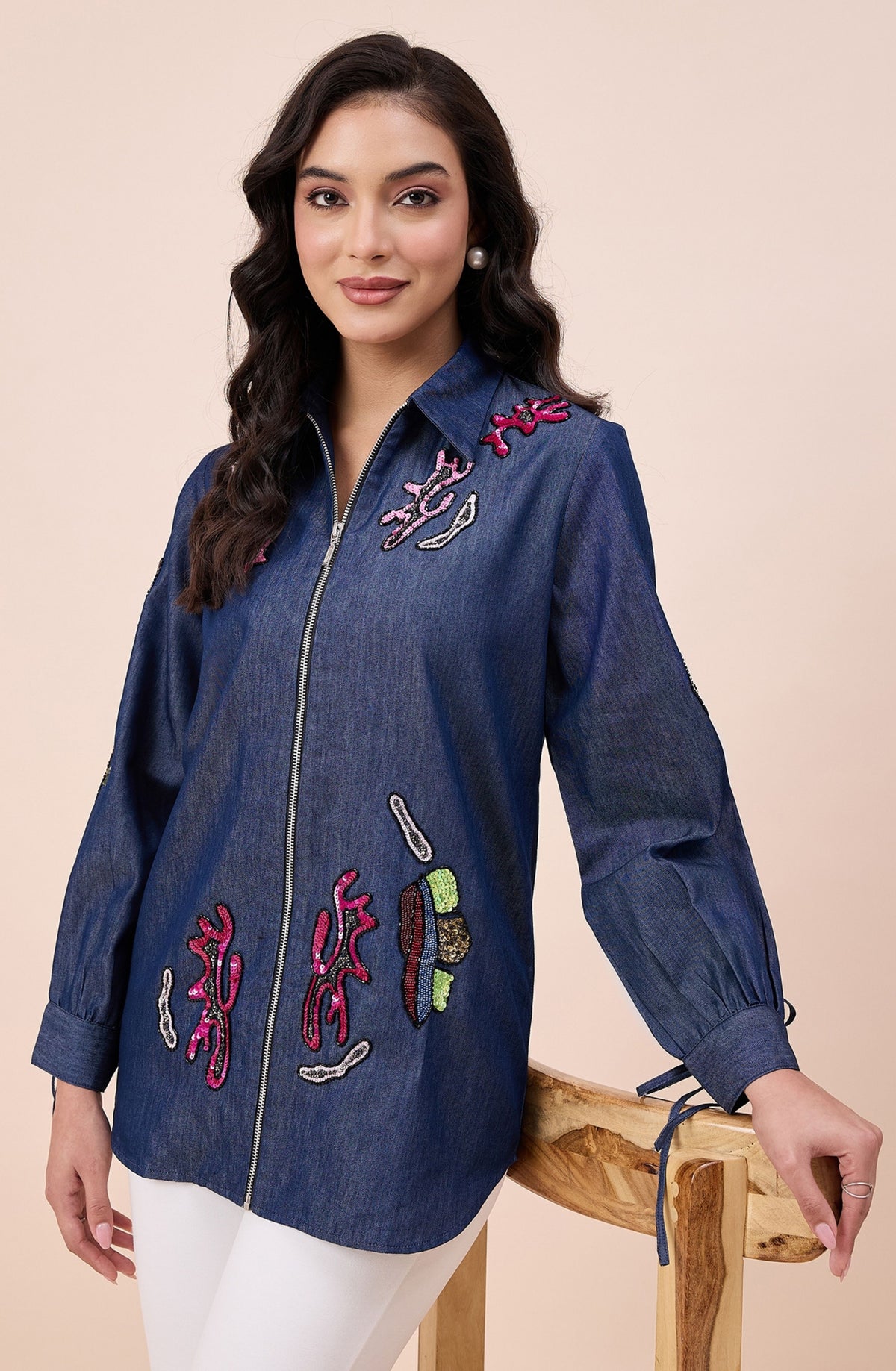 Cotton Denim Hand Embellished Zipper Shirt