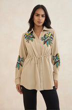 Beige Waist Tie Embellished Shirt
