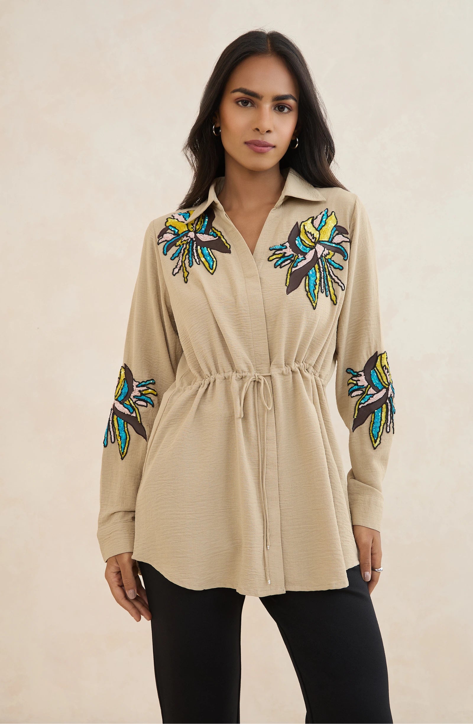 Beige Waist Tie Embellished Shirt
