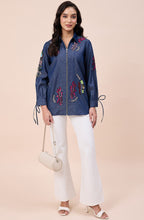 Cotton Denim Hand Embellished Zipper Shirt