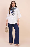 White Shirt with Blue Sequin Floral Embroidery & Tie Neck