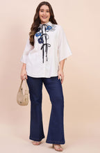 White Shirt with Blue Sequin Floral Embroidery & Tie Neck