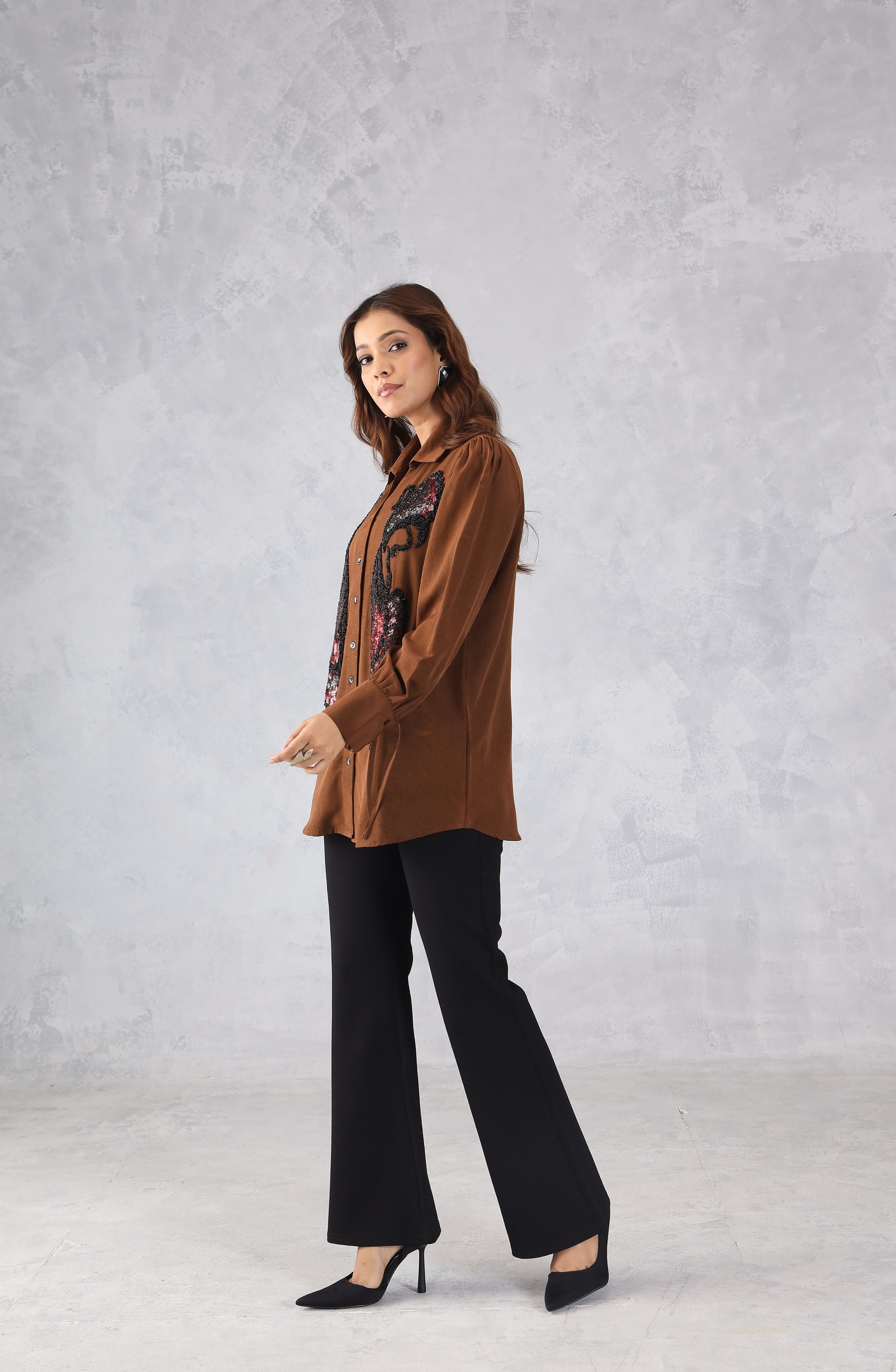 Elegant Brown Sequin Shirt