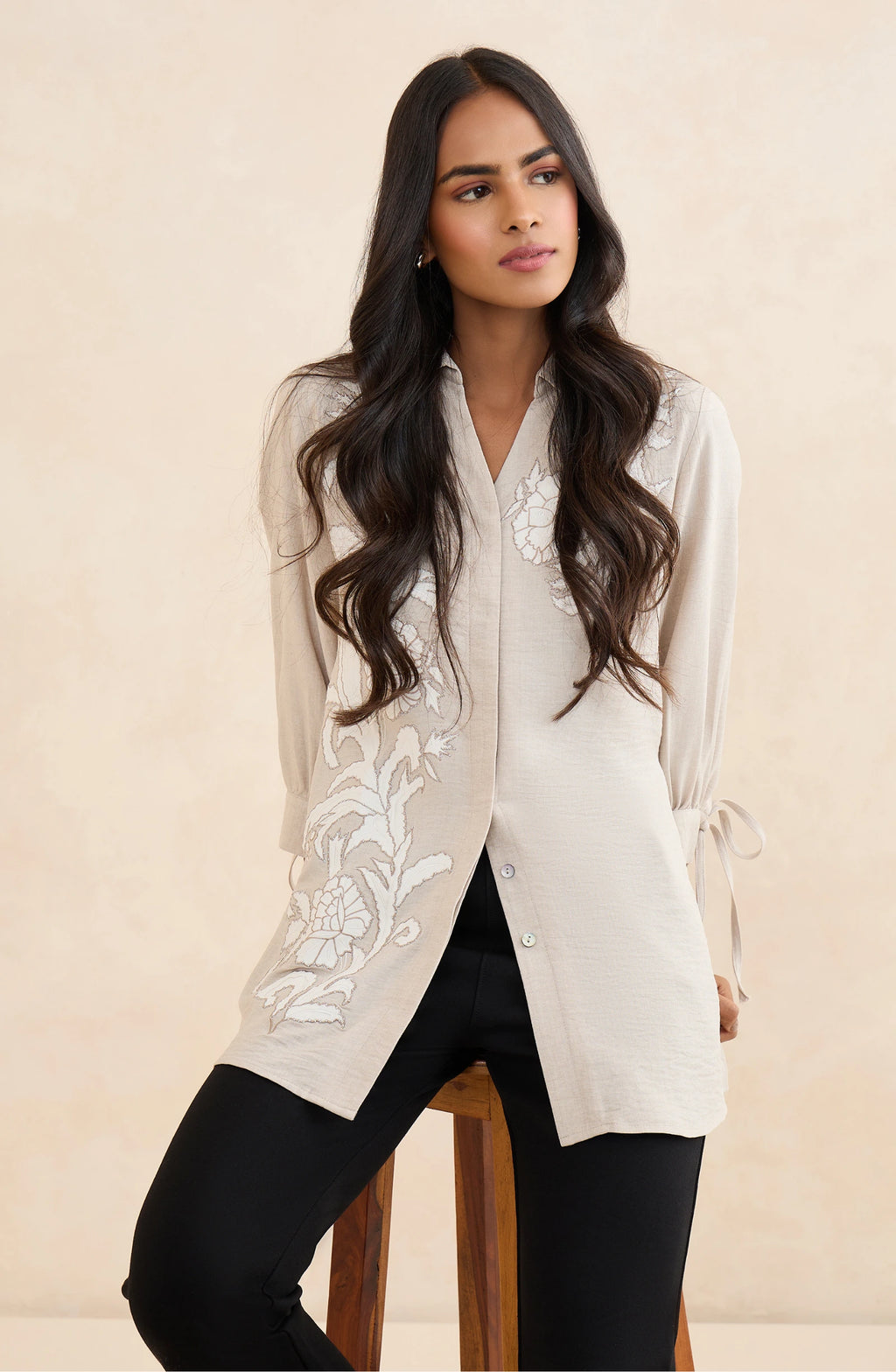 Cream Floral Heirloom Embroidered Shirt