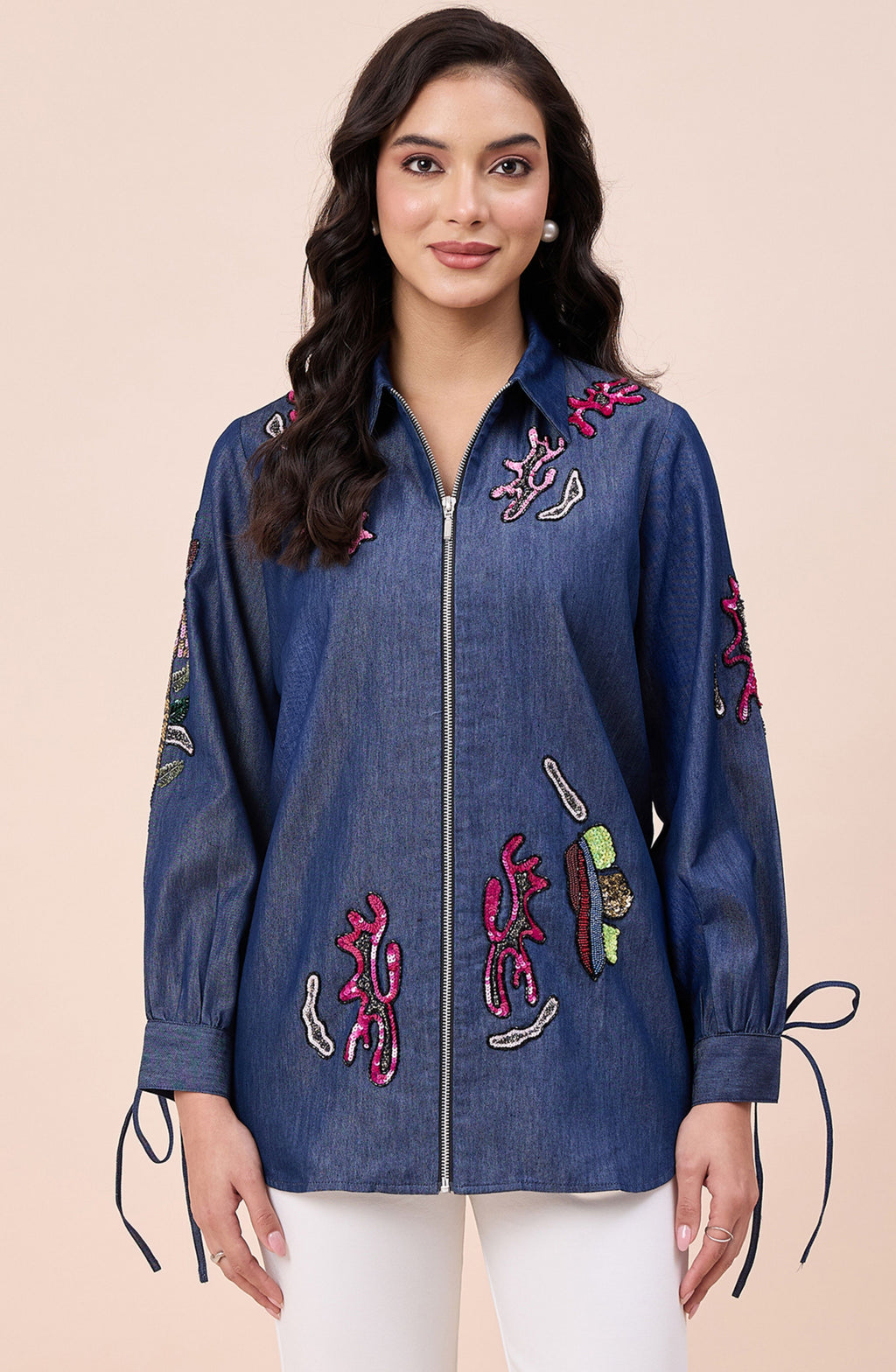 Cotton Denim Hand Embellished Zipper Shirt