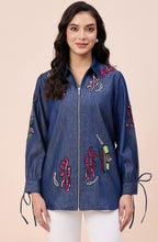 Cotton Denim Hand Embellished Zipper Shirt