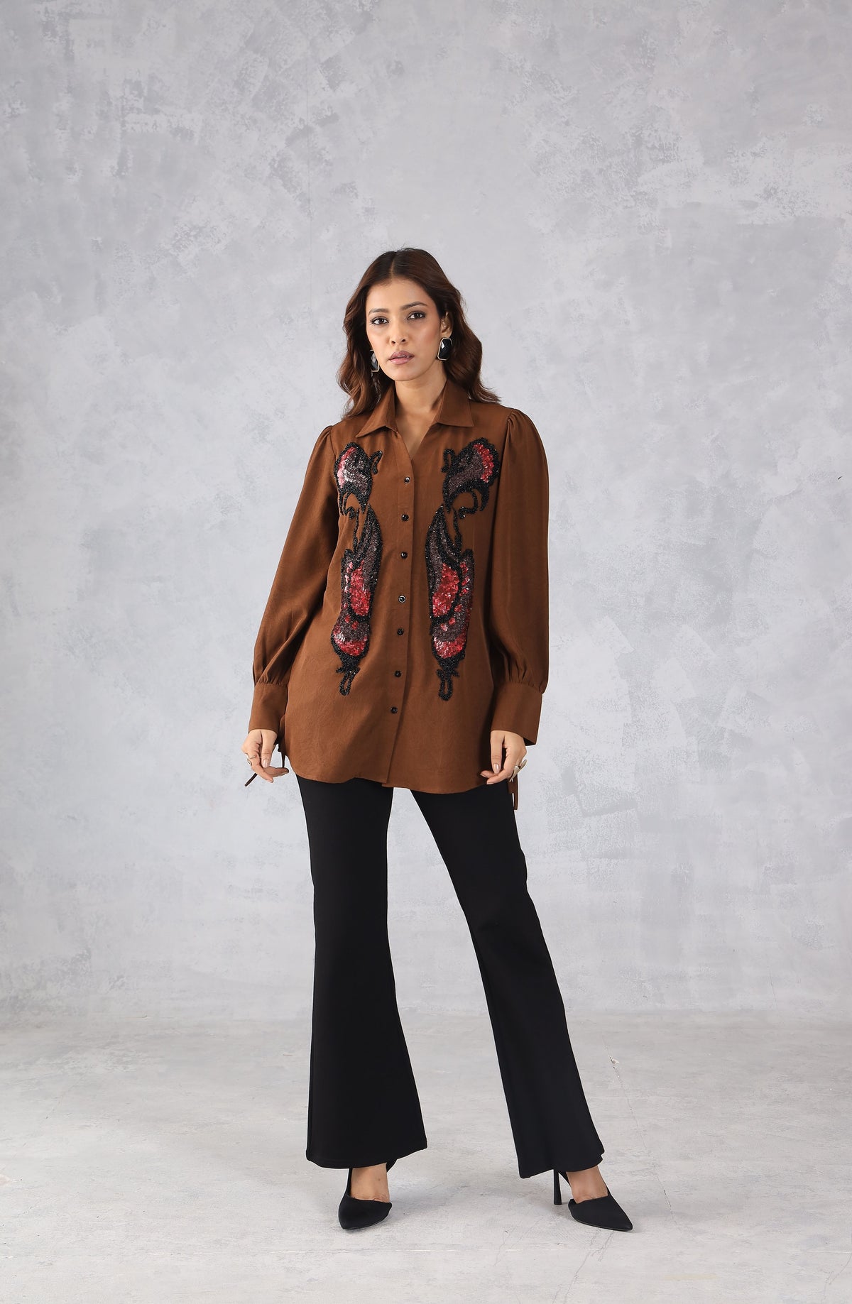 Elegant Brown Sequin Shirt